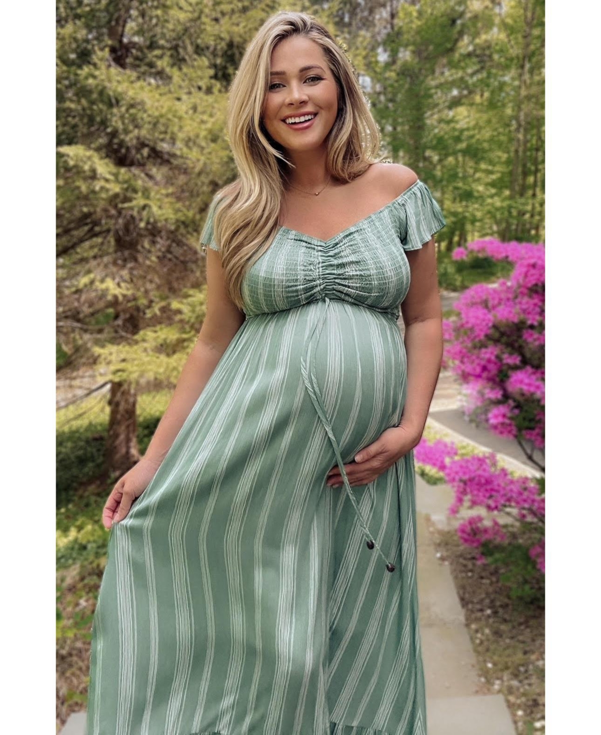 Pinkblush Maternity Green Striped Off Shoulder Front Tie Maxi Dress