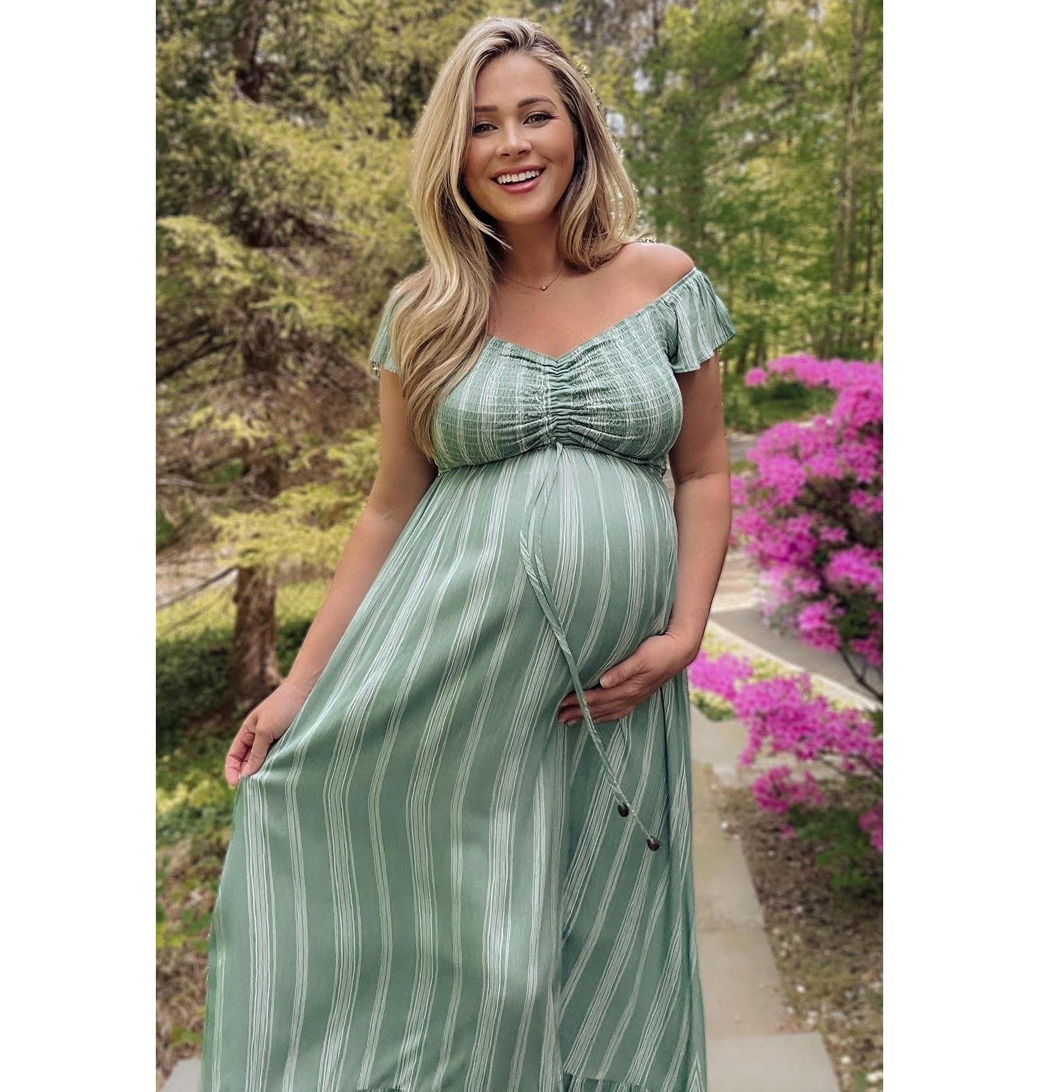 Women's Green Striped Off Shoulder Front Tie Maxi Dress
