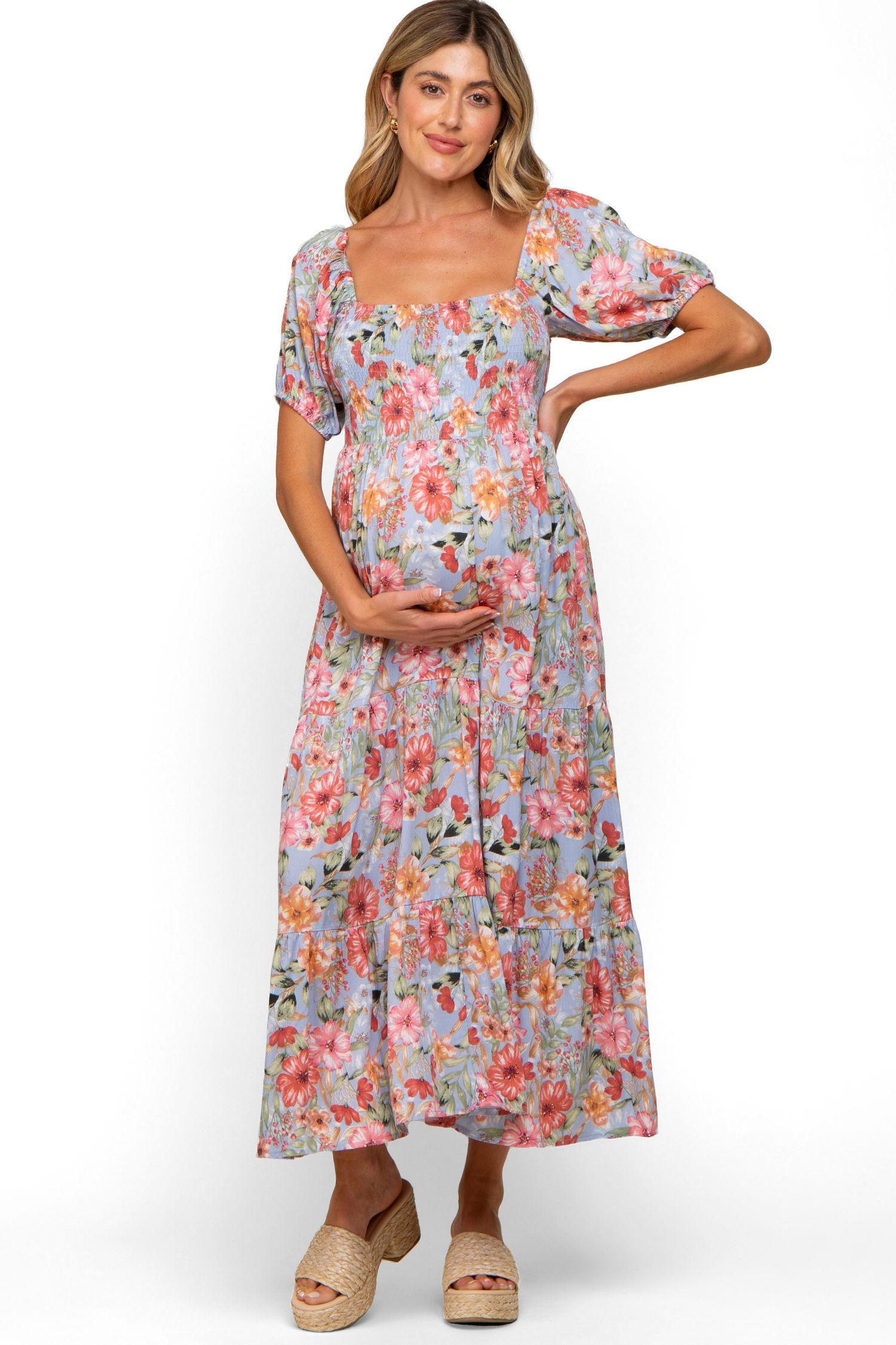 Women's Blue Floral Smocked Square Neck Tiered Maxi Dress