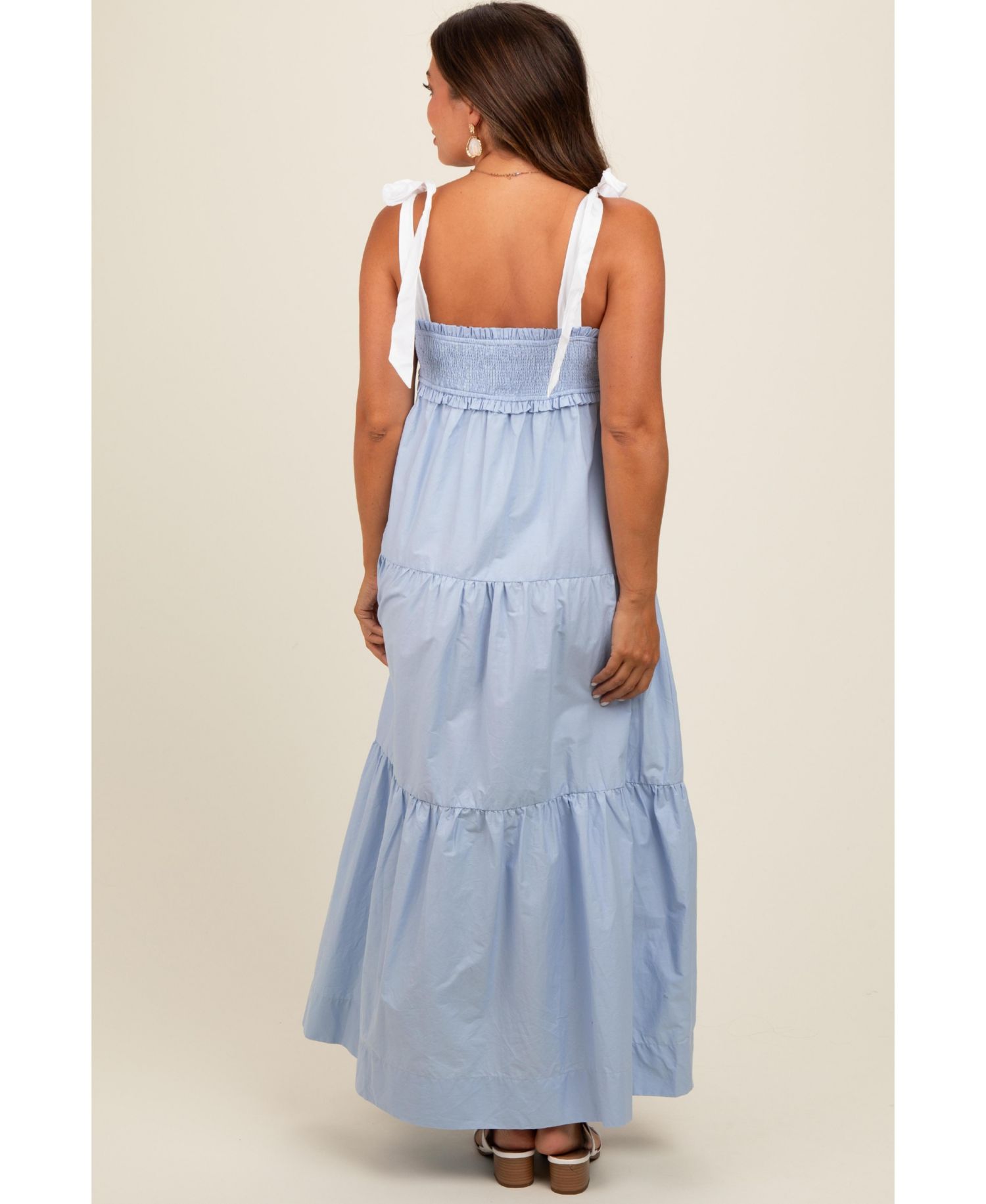 Women's Light Blue Contrast Shoulder Straps Maxi Dress