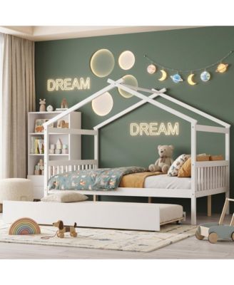 Full Size Wooden House Bed with Twin Size Trundle