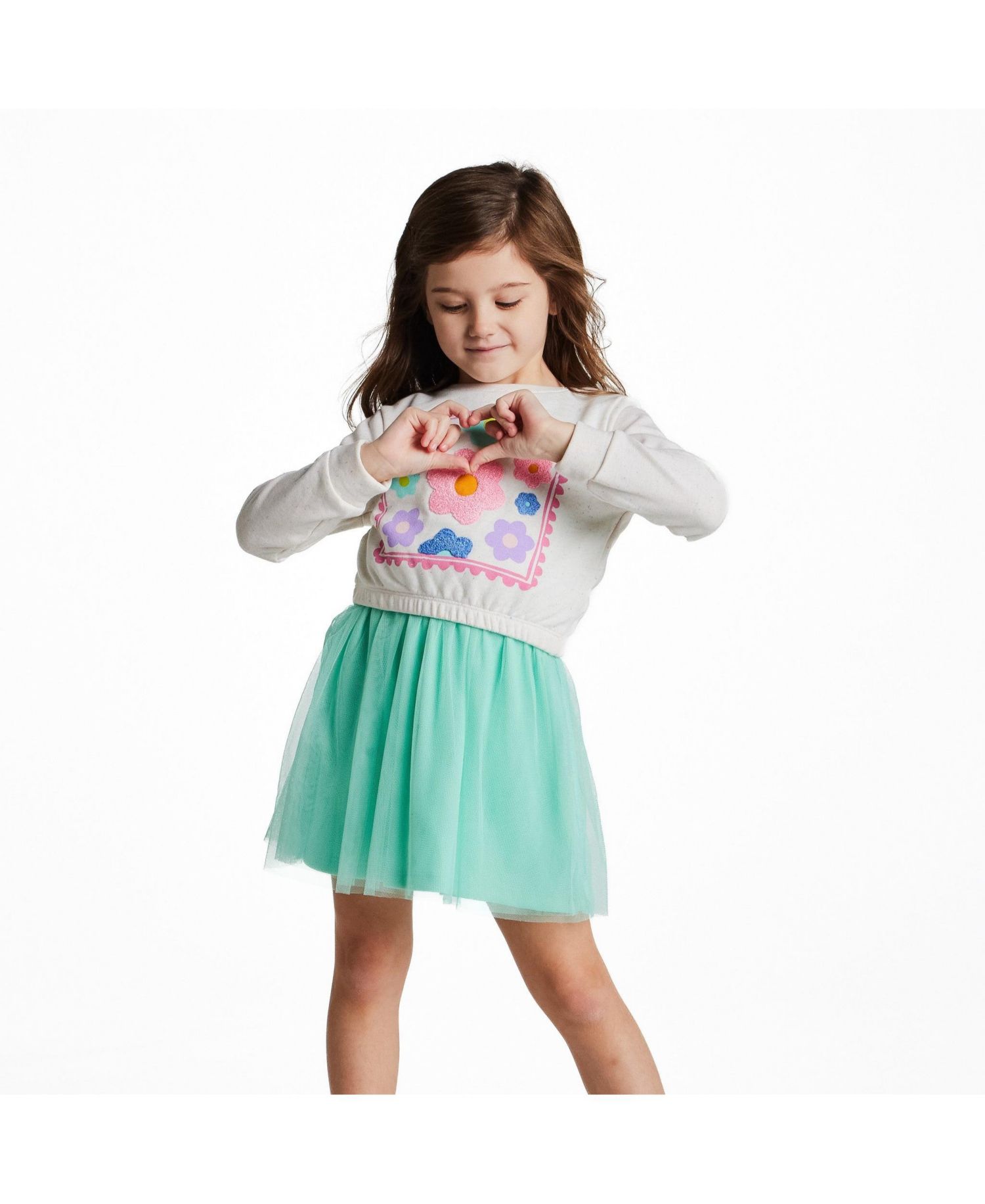 Little Girls Aqua Chenille Floral Sweatshirt and Tulle Tank Dress Set