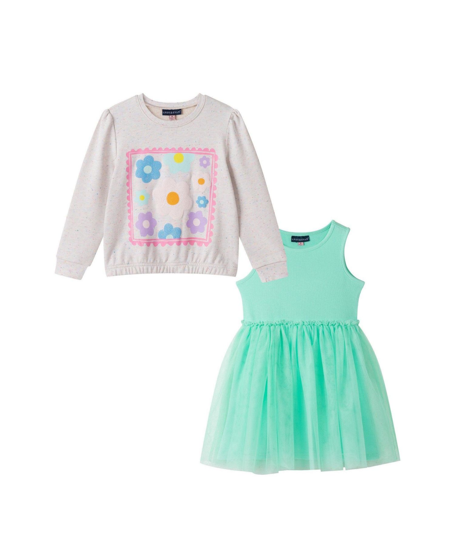 Little Girls Aqua Chenille Floral Sweatshirt and Tulle Tank Dress Set