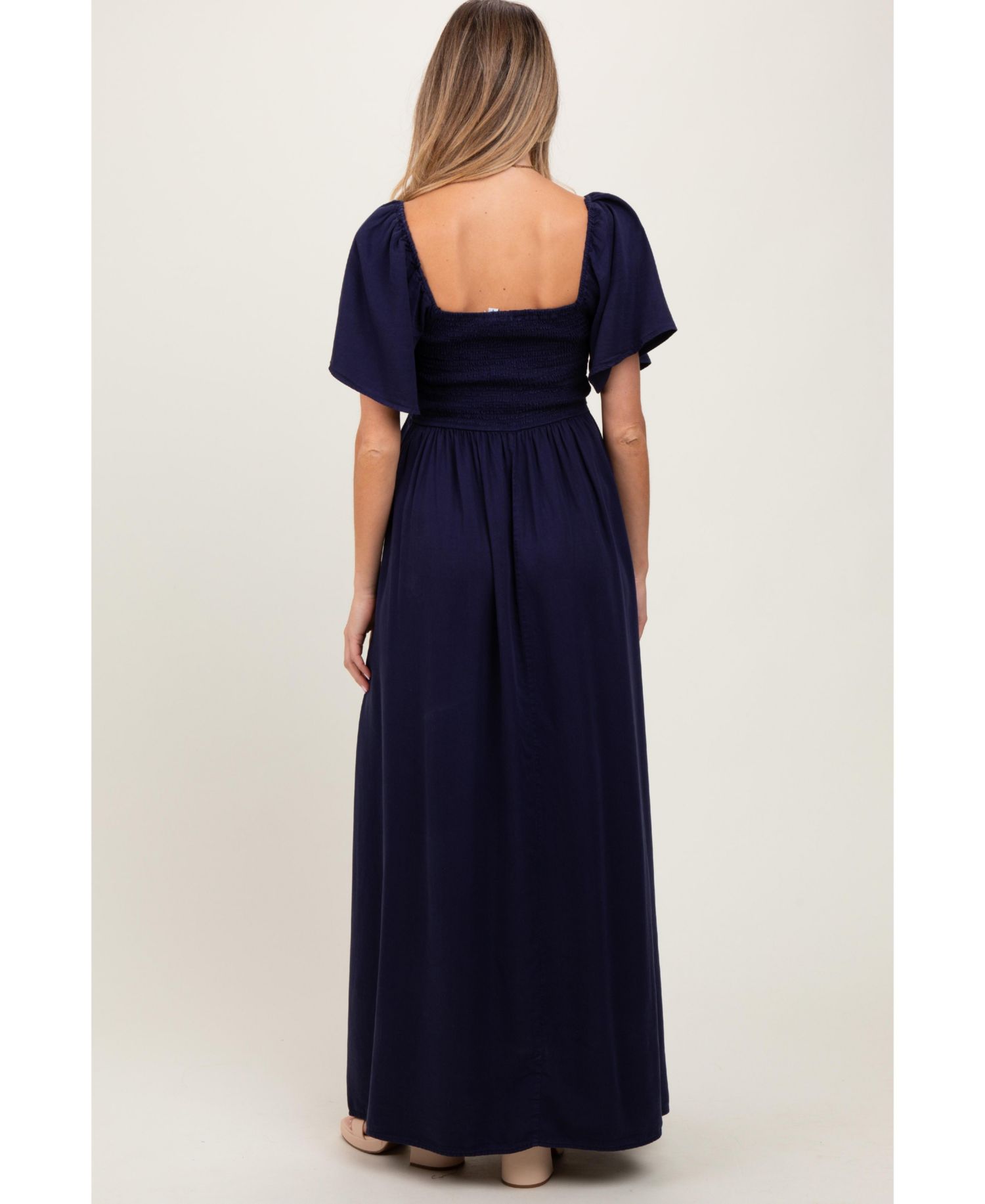 Women's Navy Chambray Smocked Maxi Dress