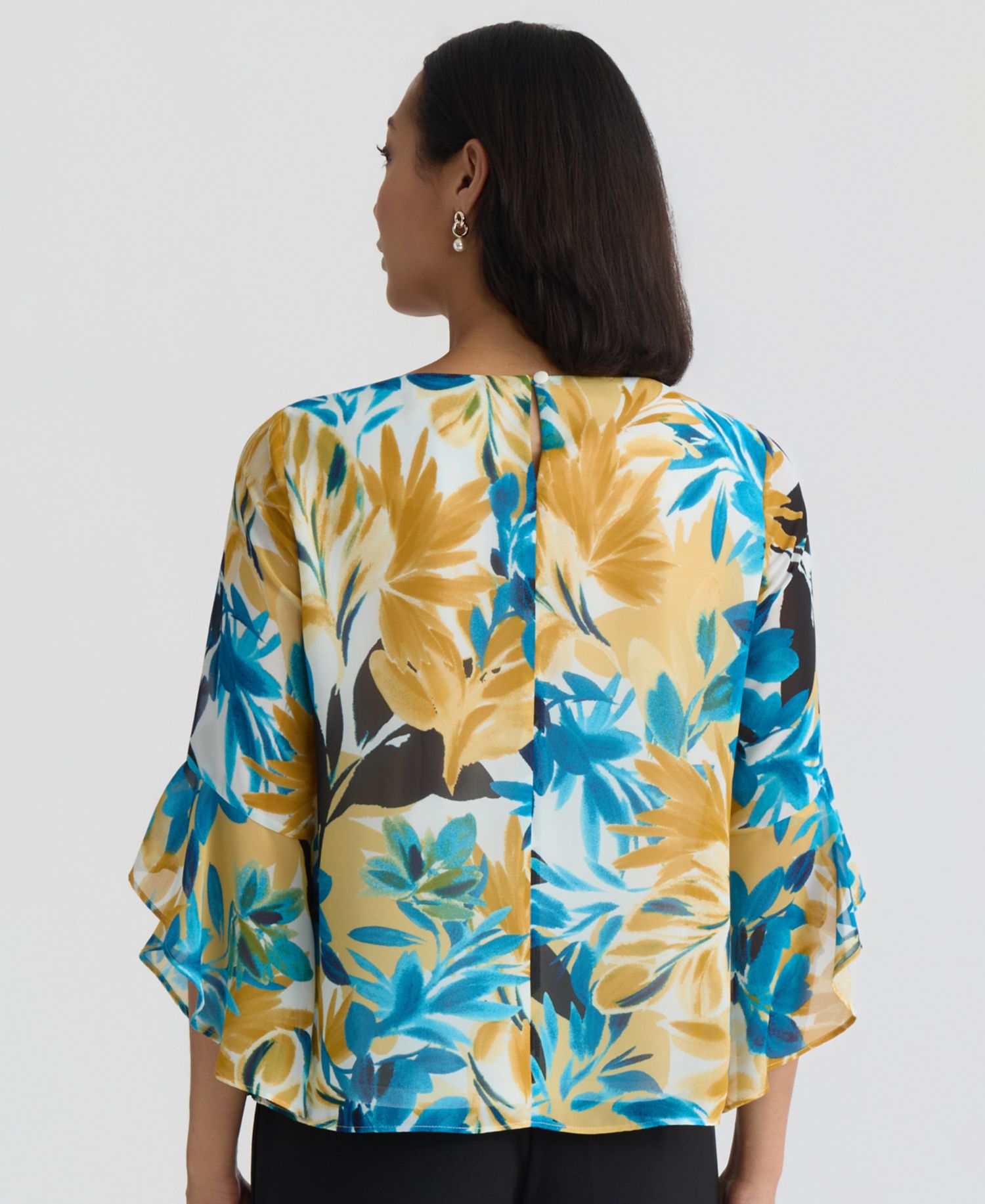Women's 3/4 Ruffle-Sleeve Printed Boatneck Top, Regular & Petite
