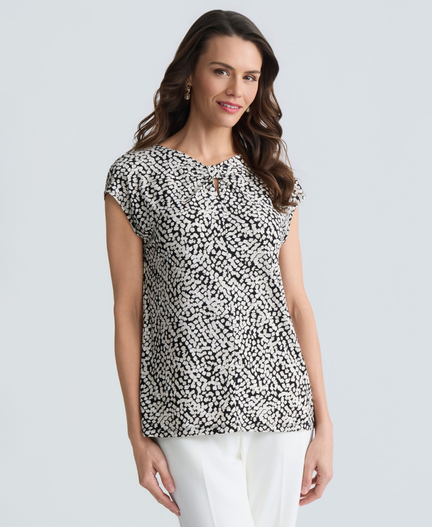 Women's Cap-Sleeve Printed Jersey Knot Neck Top