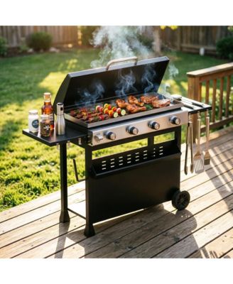 4-Burner Propane Gas Grill, 32,000 BTU BBQ with Wheels, Side Shelves for Camping Patio