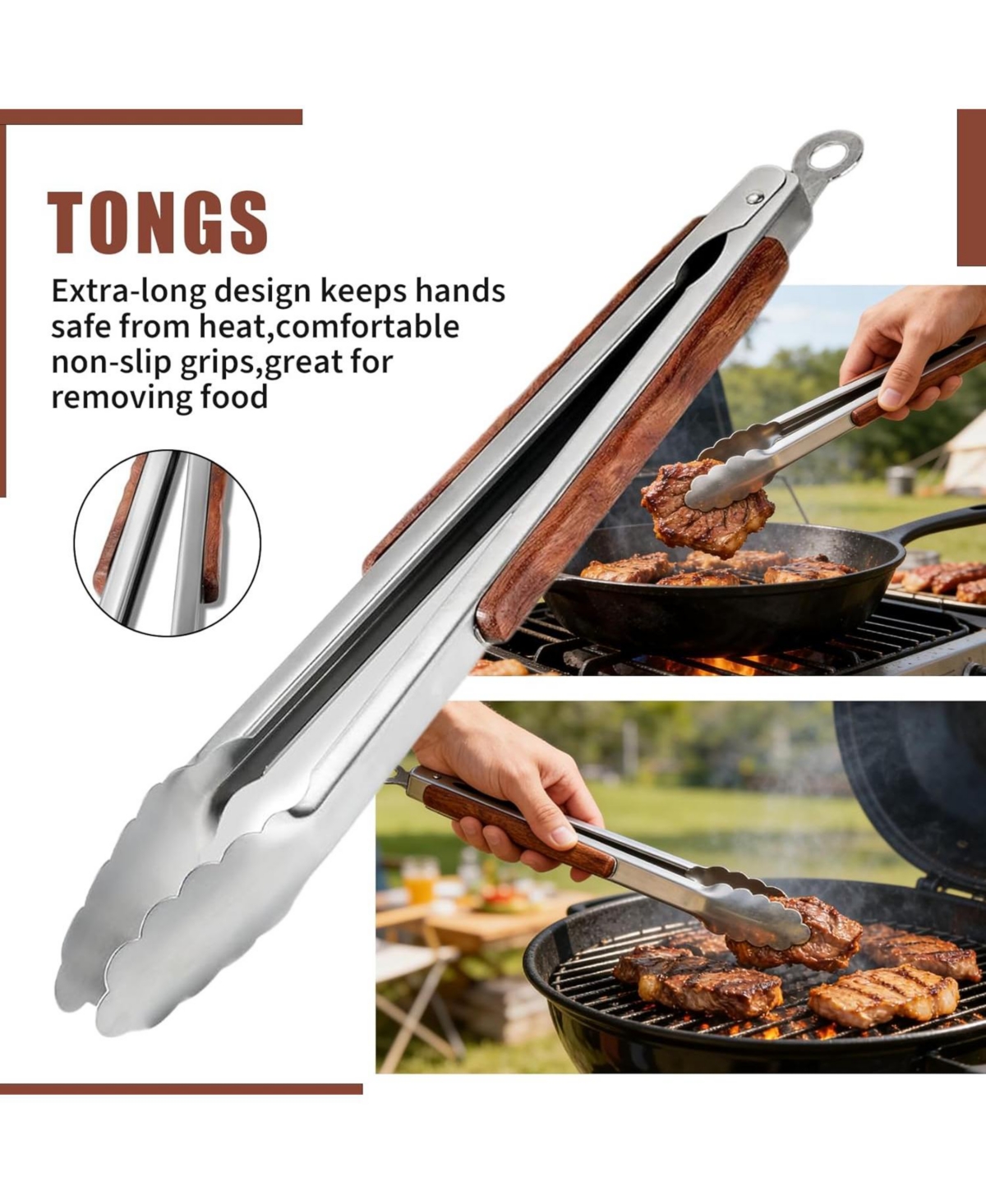 Xo 4-Piece Bbq Tools Set, Stainless Steel Spatula Fork Brush Tongs, Rosewood Handles