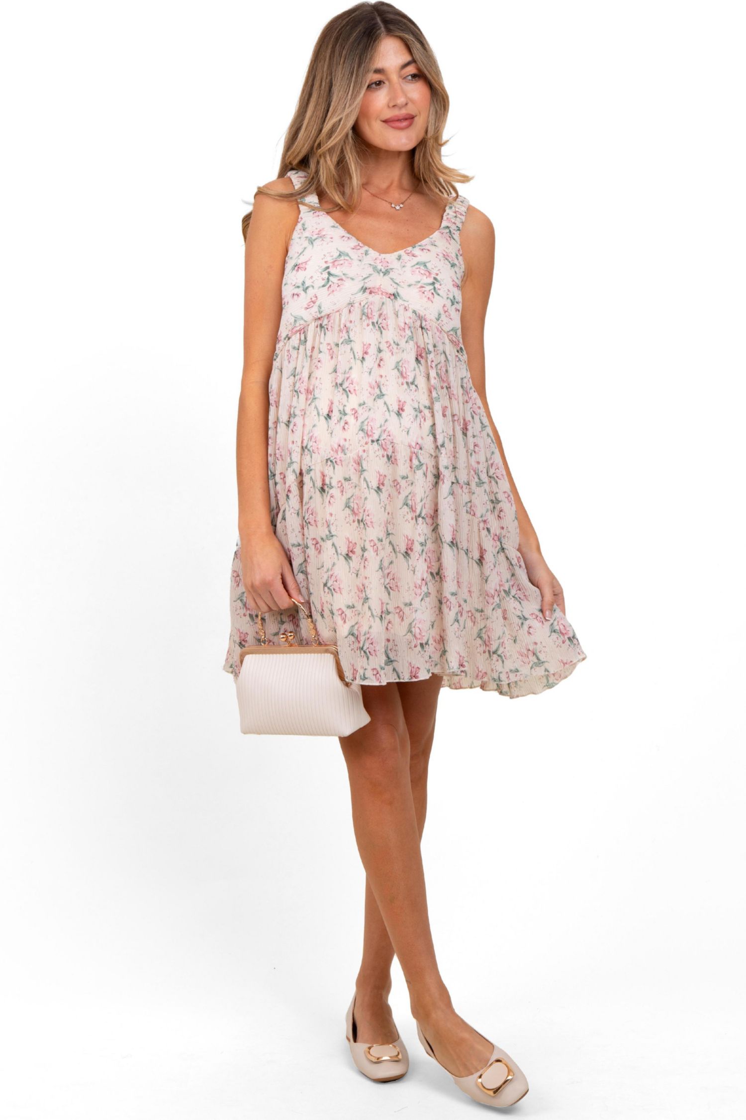 Women's Pink Floral Plisse Texture Mini Dress