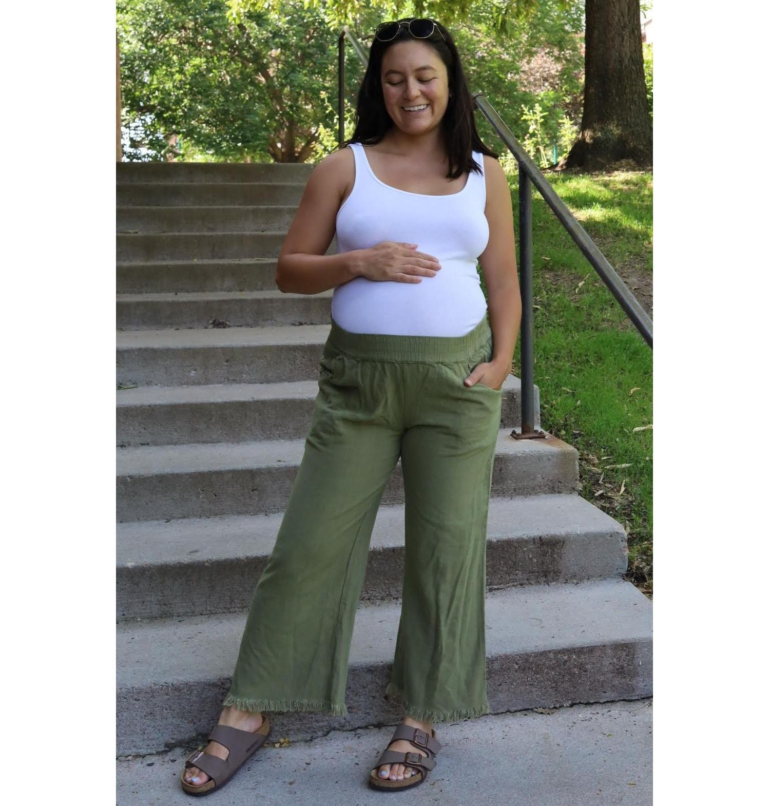 Women's Olive Linen Frayed Hem Crop Pants