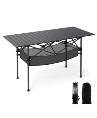 Patio Folding Camping Table with Roll-up Tabletop and Mesh Basket
