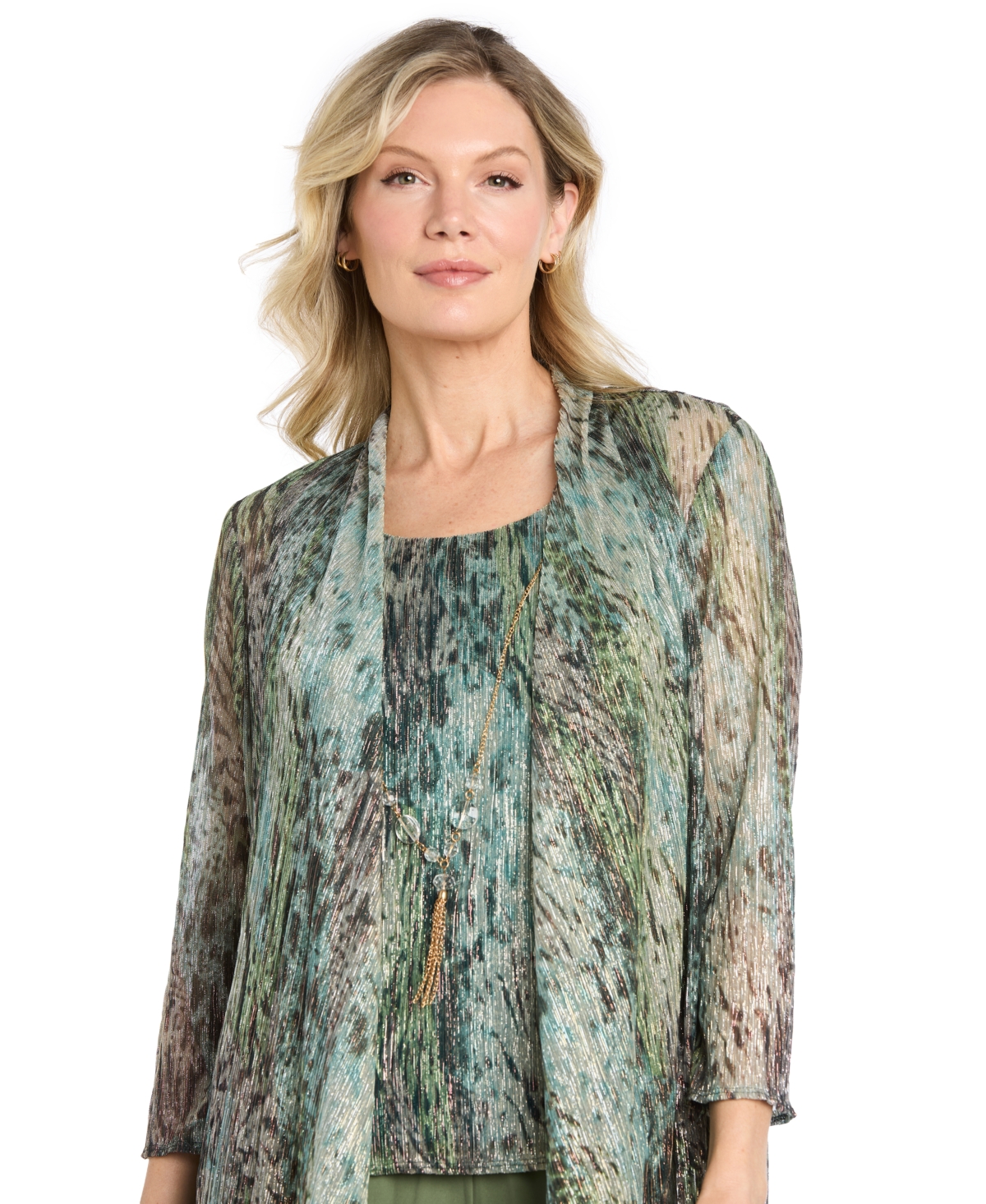 R & M Richards Women's 3 Piece Animal Print Metallic Crinkle Duster Pantsuit