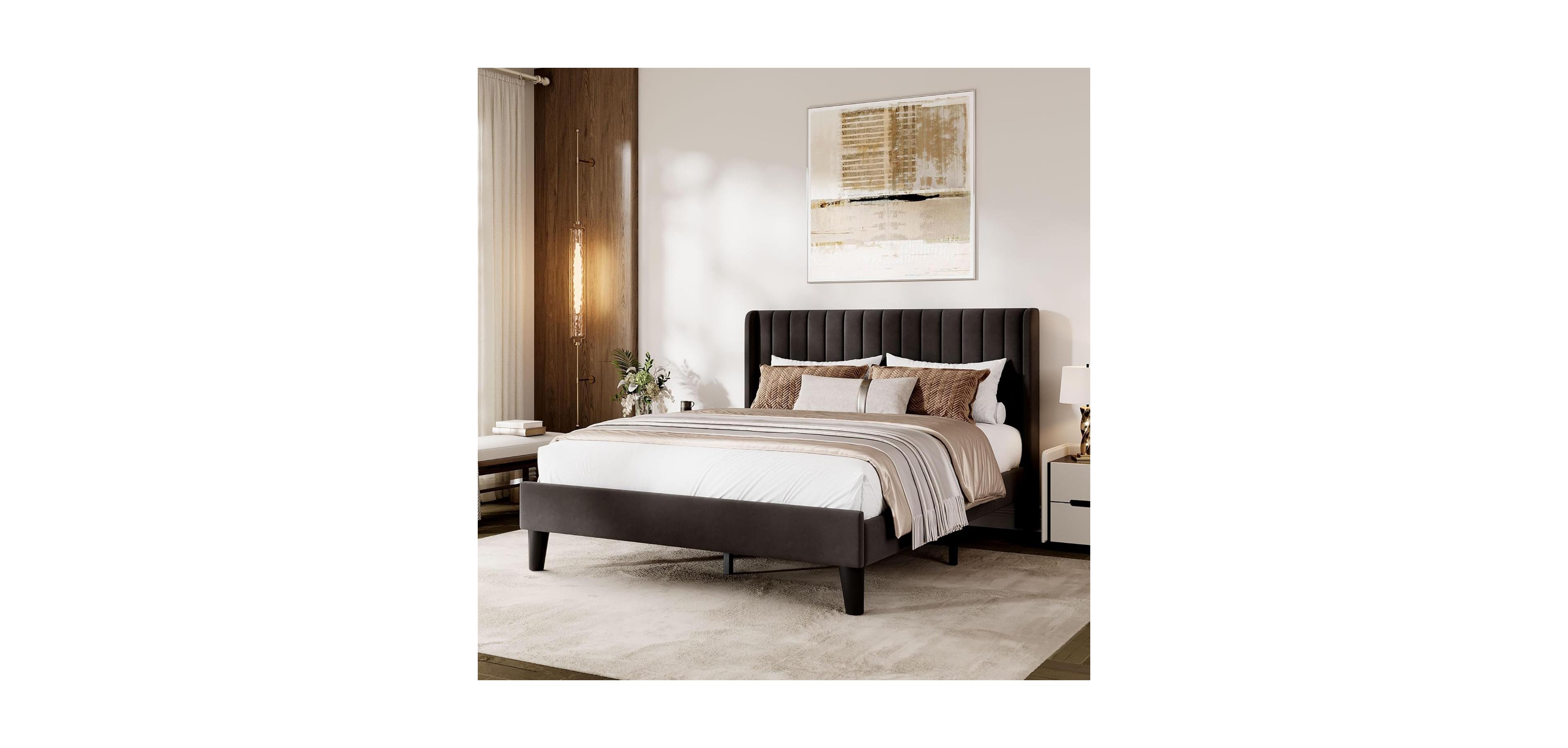 gaomon Size Upholstered Platform Bed Frame with Vertical Channel Tufted Wingback Headboard, Strong Wooden Slats Support