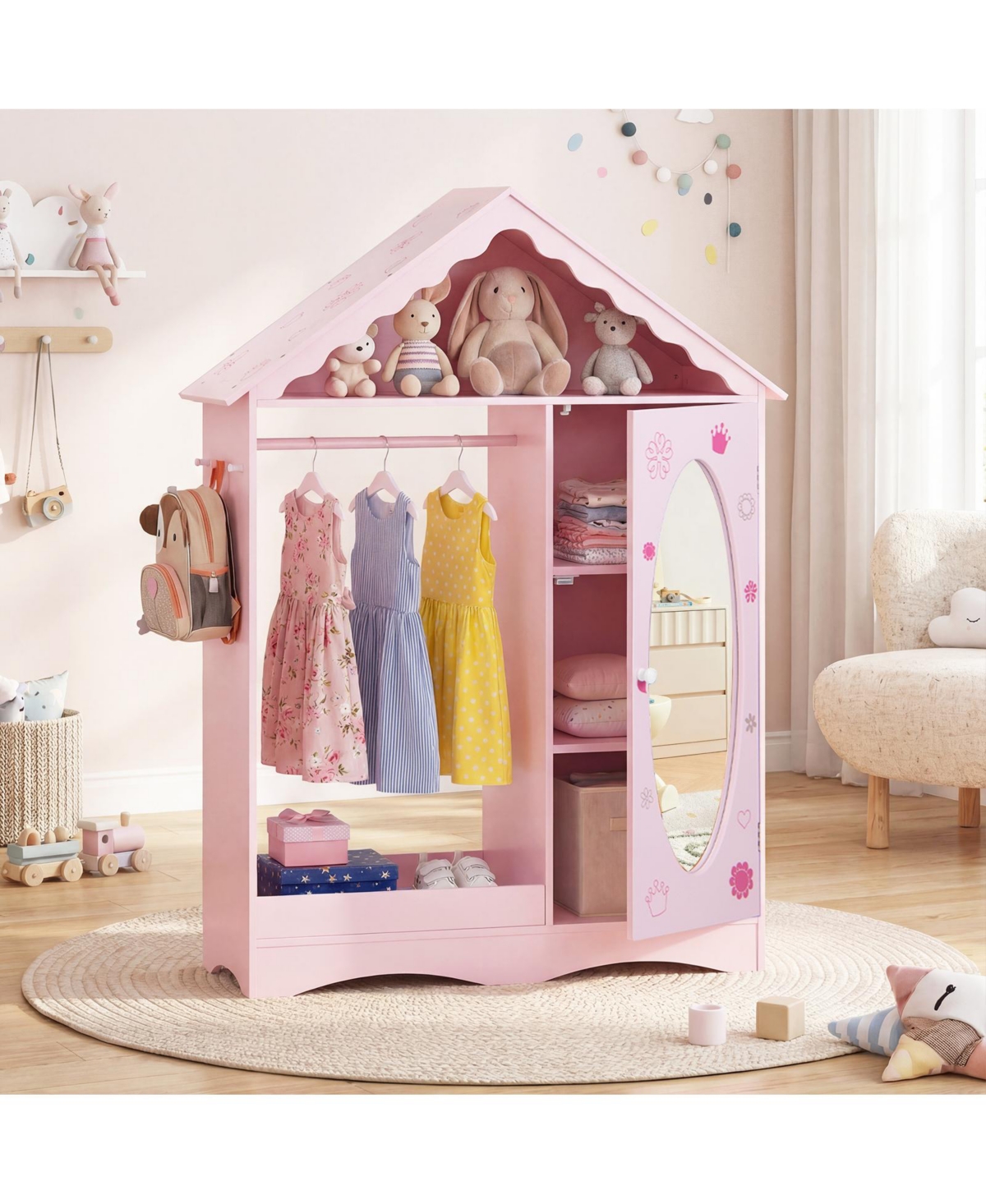 Slickblue Mirror Roof Kids Wardrobe Closet with Open Hanging Rack