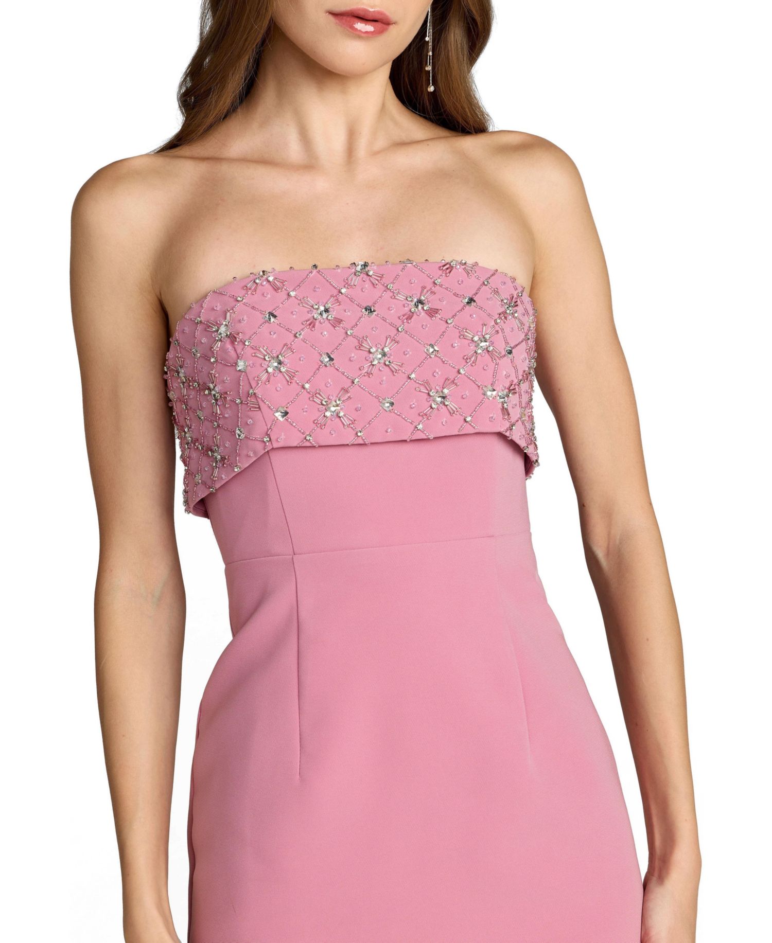 Women's Strapless Crepe Midi Dress with Rhinestone Embellished Bodice