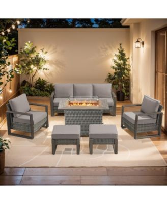 Pieces Patio Furniture Set with Fire Pit Table, Patio Conversation Set Wicker Patio Chair Sofa Ottoman with Rectangular Fire Table