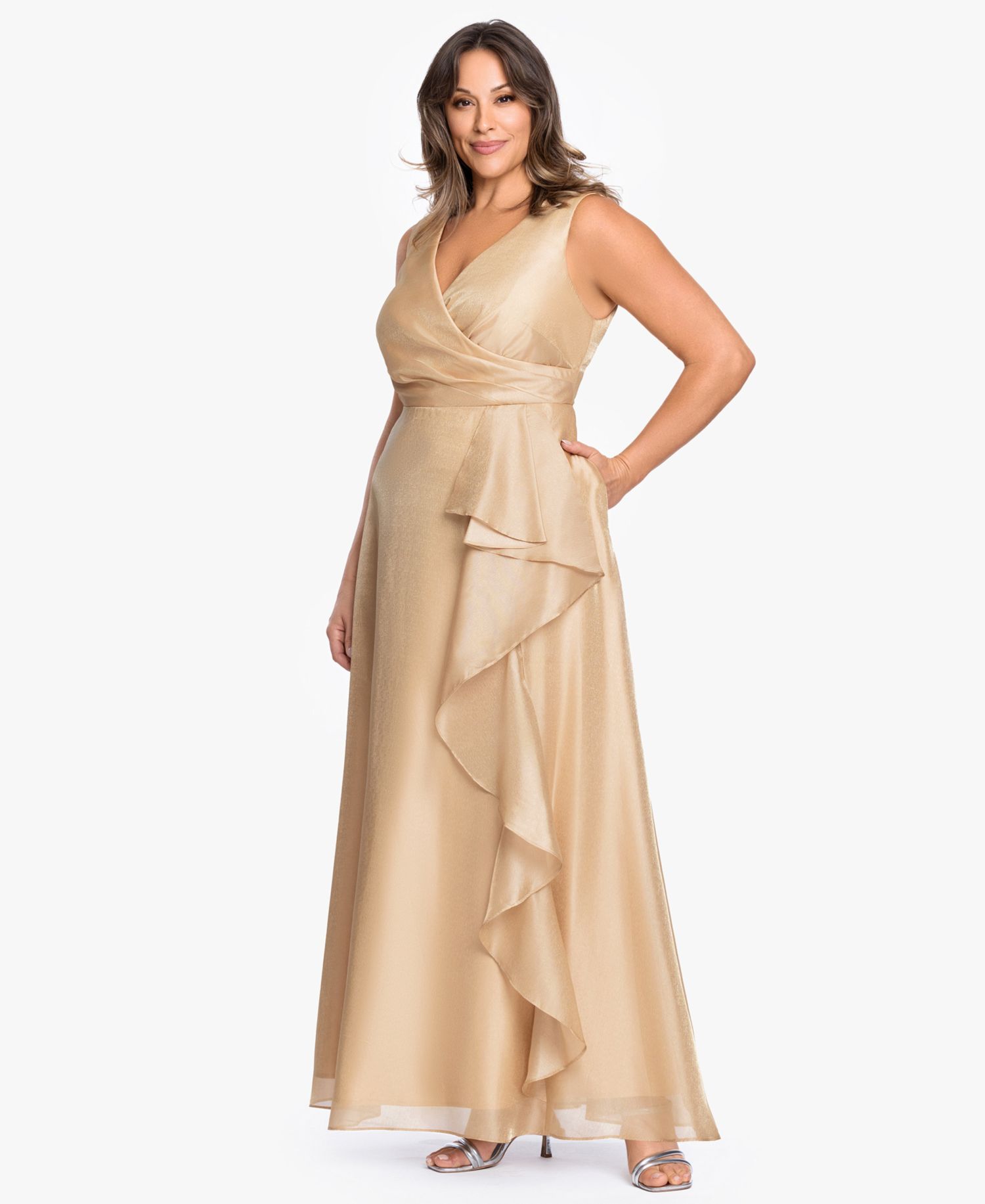 Plus Size V-Neck Jacquard Ruffle Gown