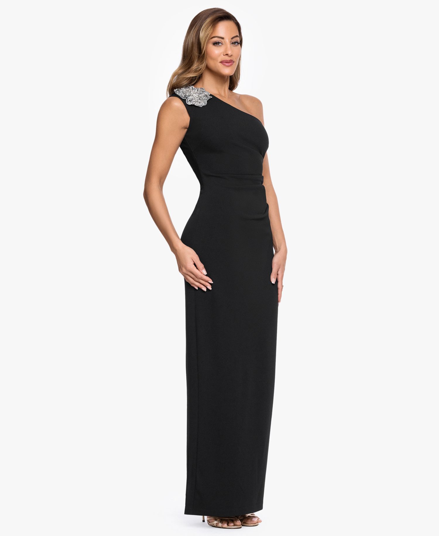 Petite One-Shoulder Scuba Crop Trim Sheath Gown