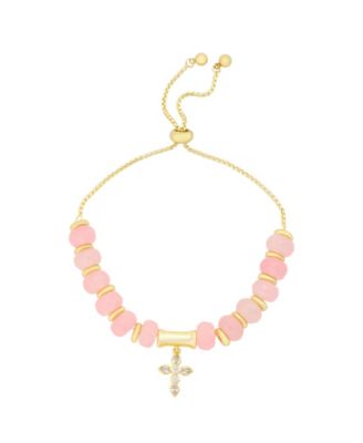 Cubic Zirconia and Rose Quartz Beaded Bolo with Cross Charm Bracelet