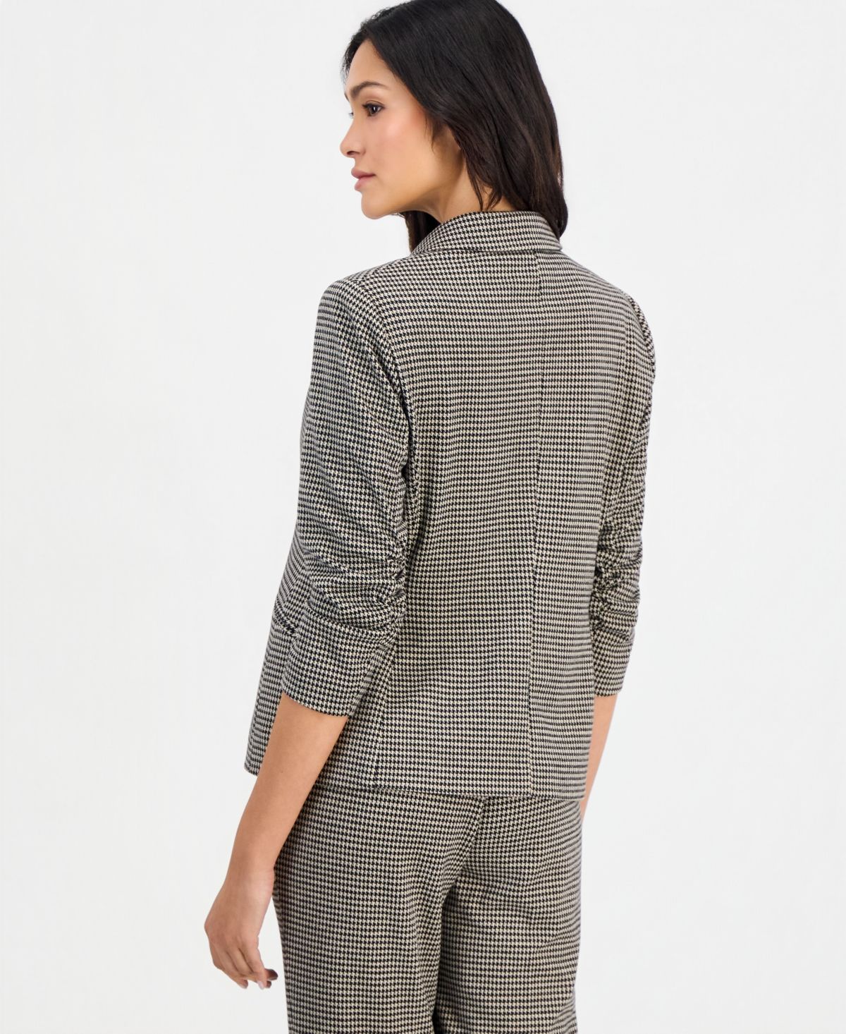 Anne Klein Essentials Petite Houndstooth Scrunch-Sleeve Blazer
