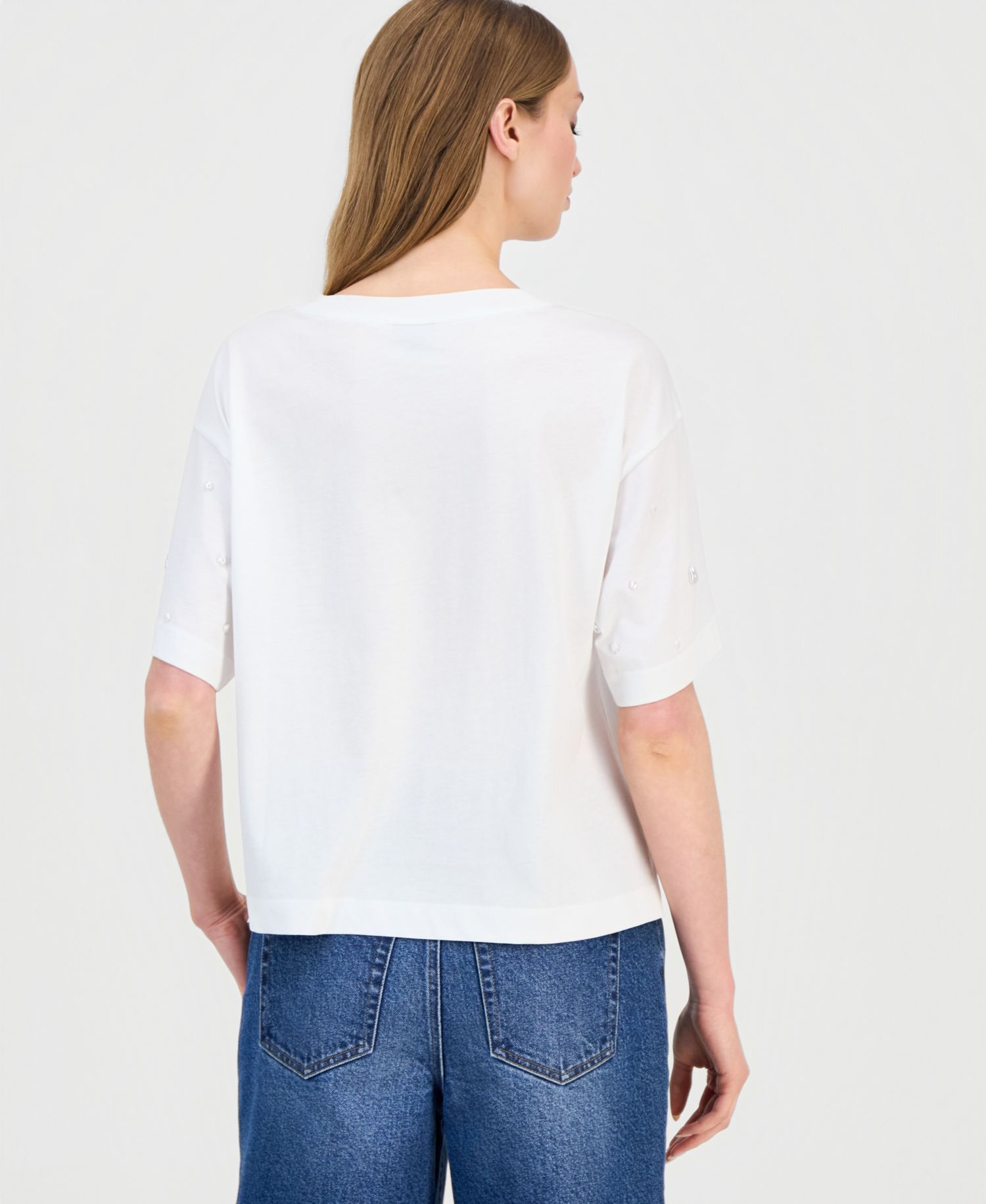Women's Imitation Pearl Embellished Short Sleeve T-Shirt