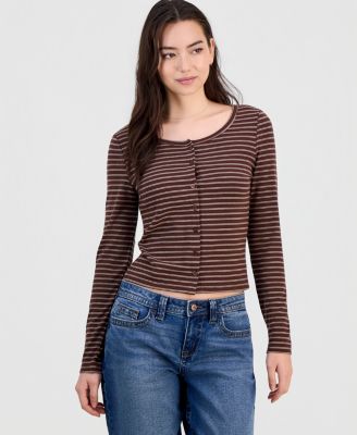 Juniors' Button-Front Long-Sleeve Top