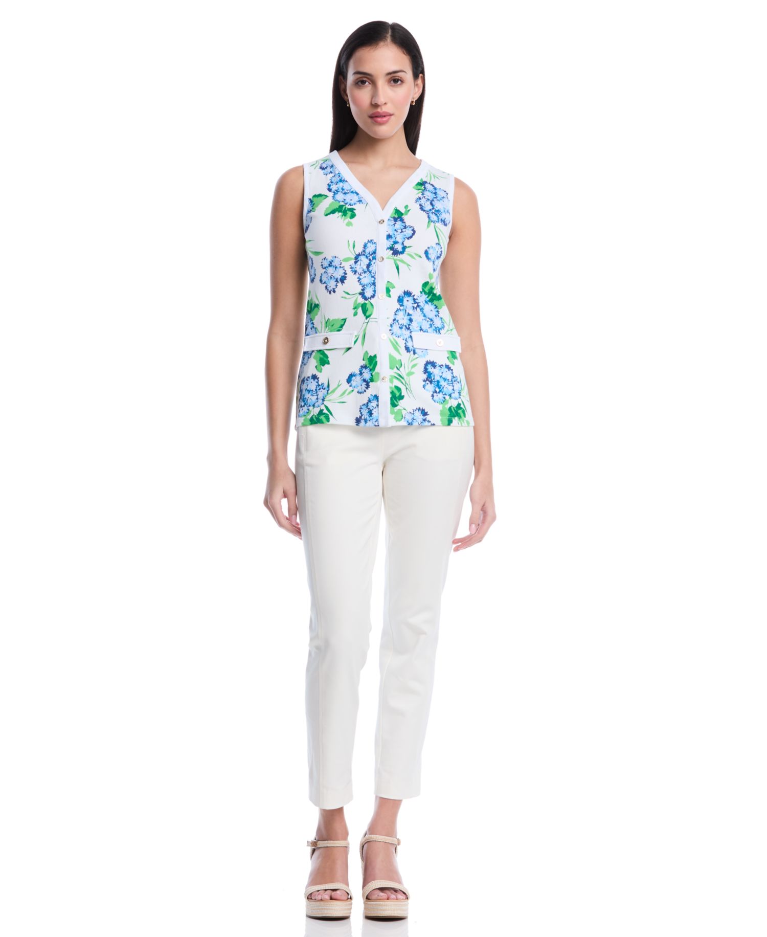 Petite Pom Floral Print Button-Front Sleeveless Tank Top