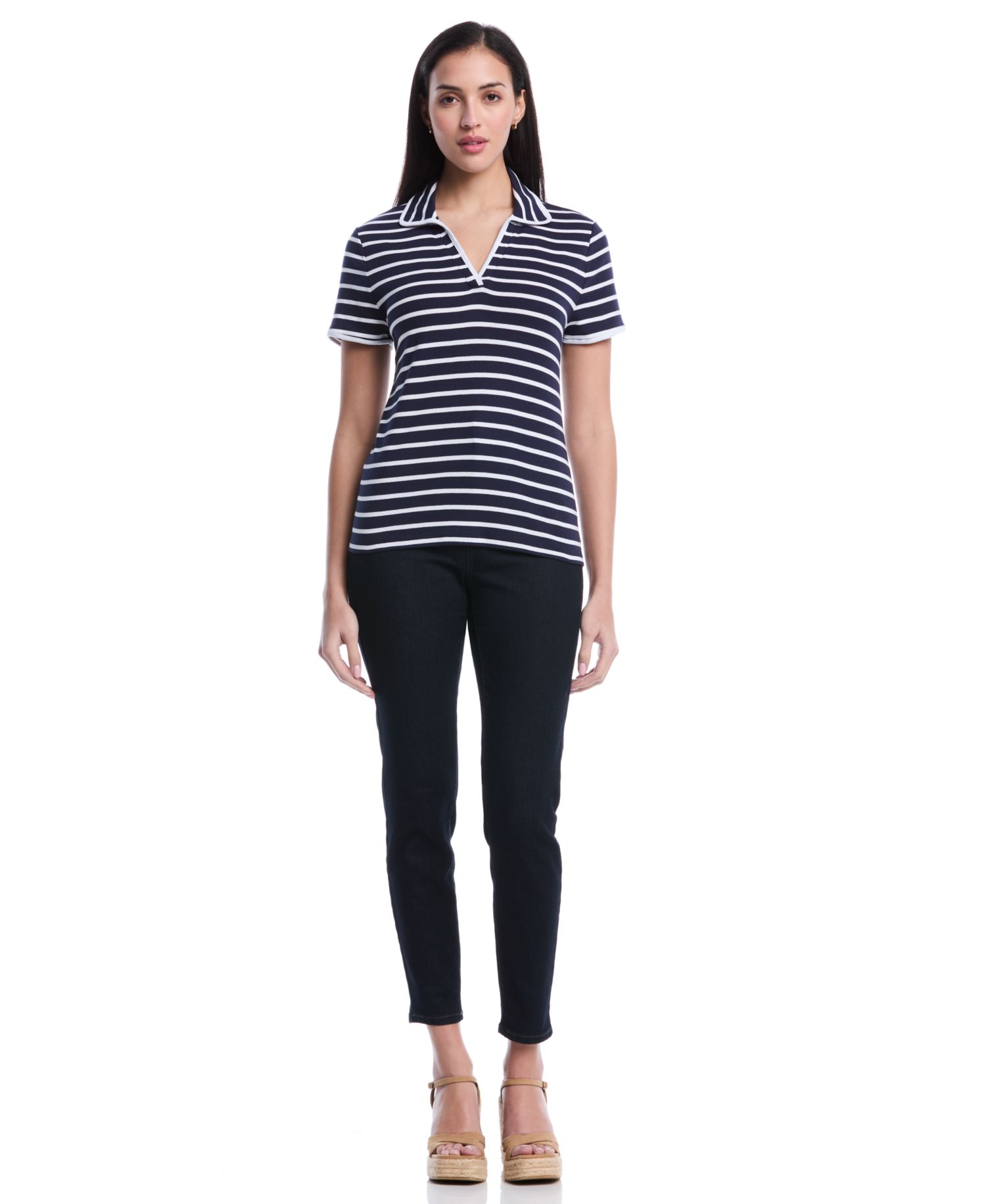 Petite Striped Contrast Trim Johnny Collar Short-Sleeve Polo Shirt