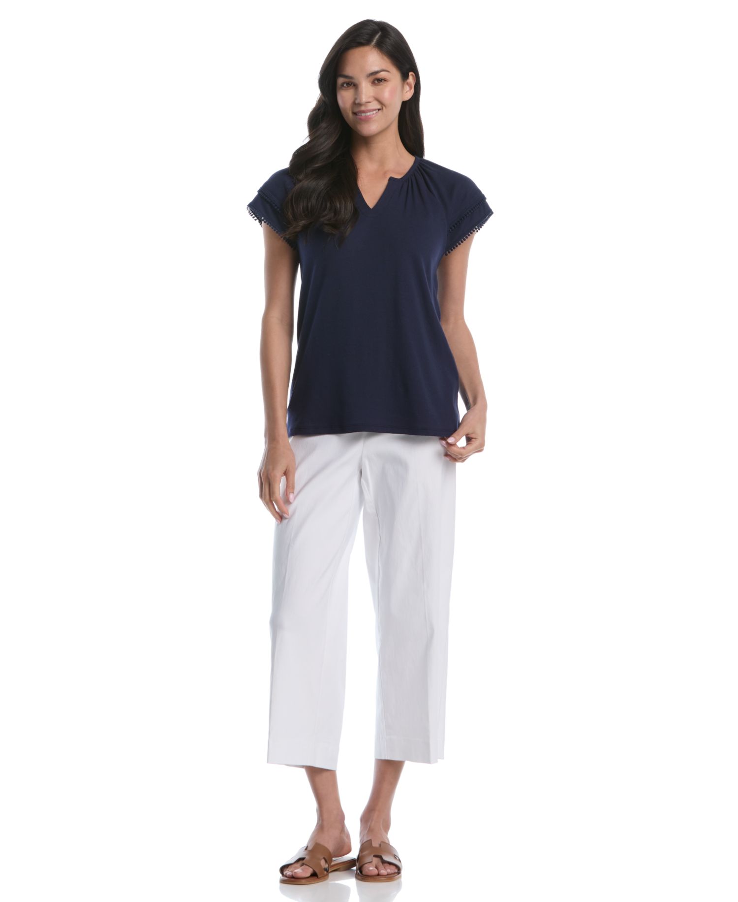 Petite Eyelet Flutter-Sleeve Split Neck Short-Sleeve Top