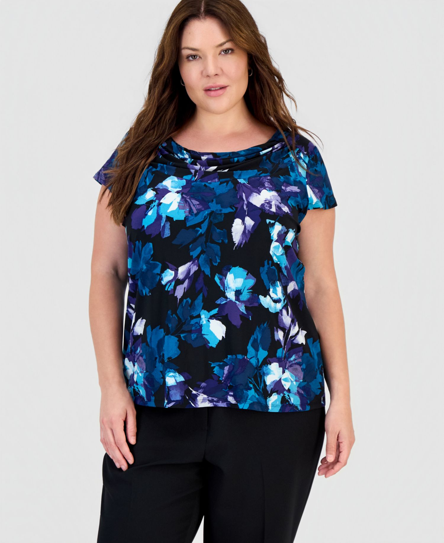 Plus Size Floral-Print Cowl-Neck Cap-Sleeve Blouse