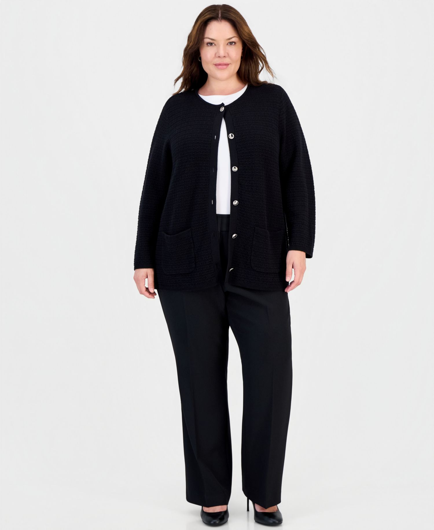 Plus Size Textured-Knit Patch-Pocket Cardigan