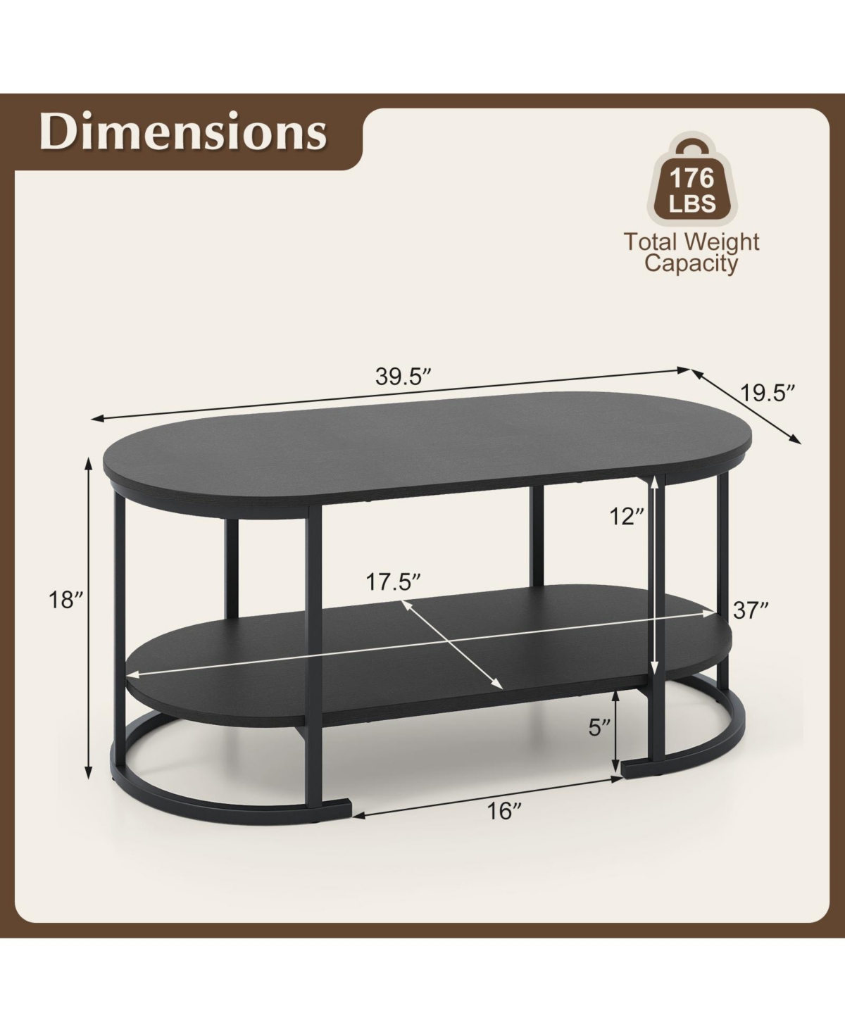 Sugift Oval Coffee Table 2-Tier Wooden Accent Table with Spacious Tabletop and Open Storage Shelf