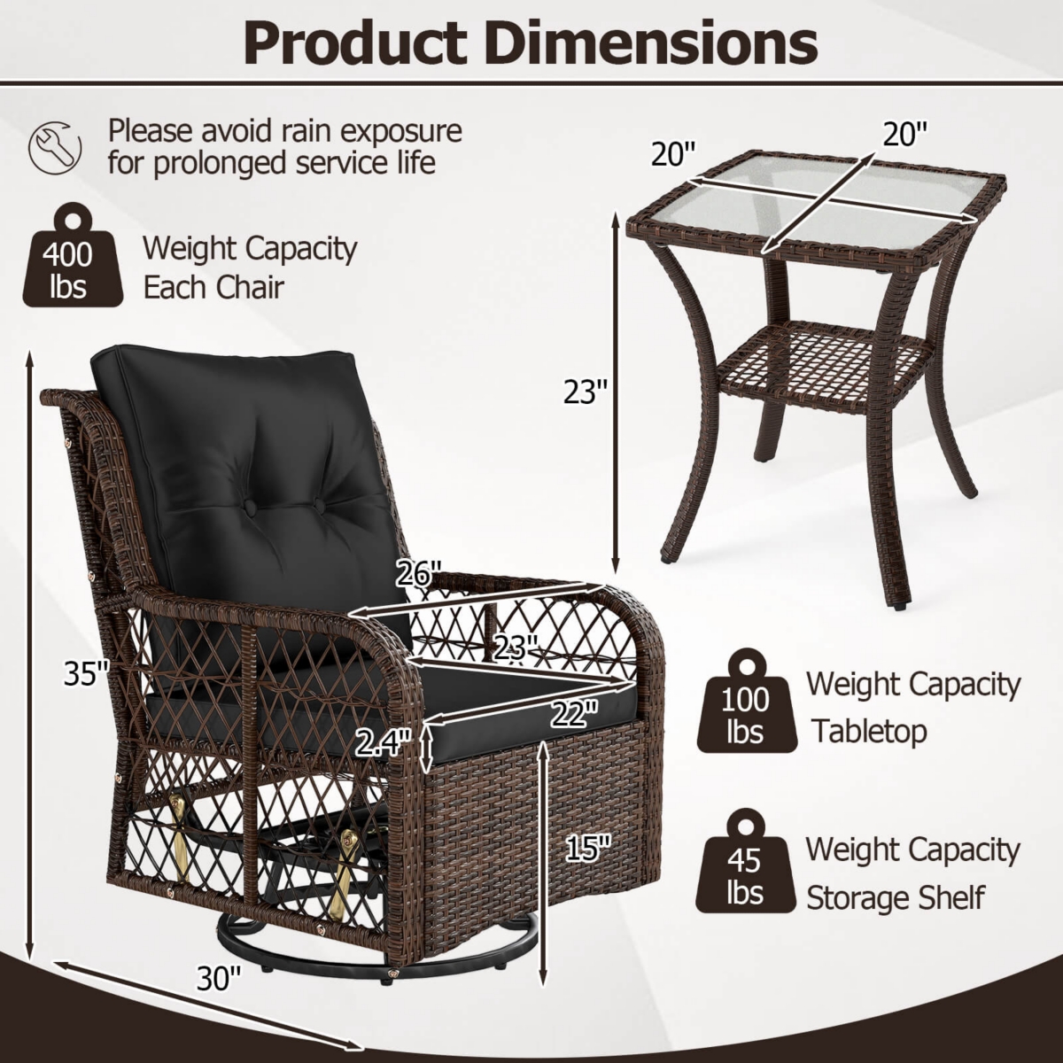 Costway 3 Piece Patio Furniture Set with 2-Tier Side Table and Cushions for Porch