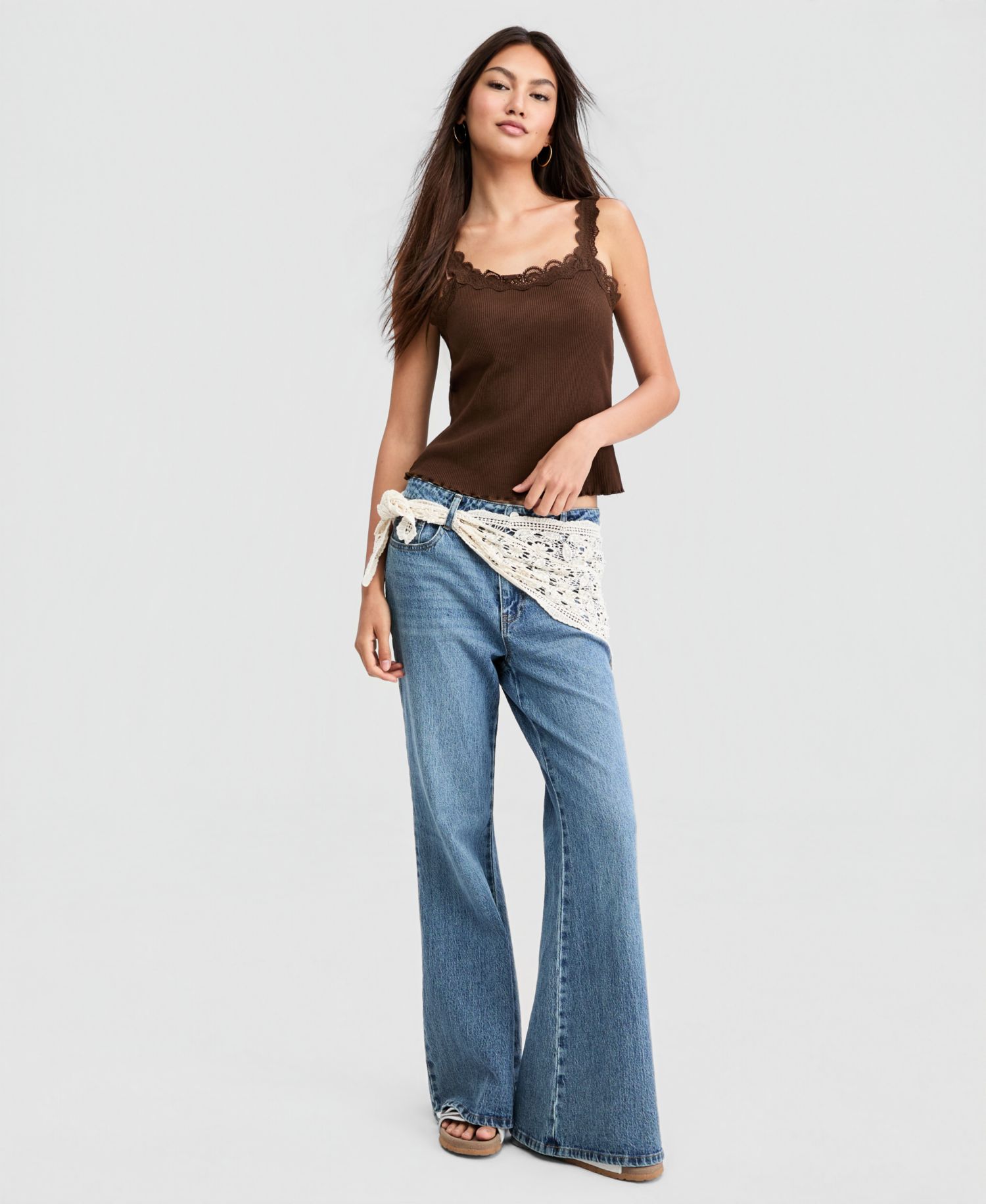 Petite Crocheted-Scarf Flare Jeans