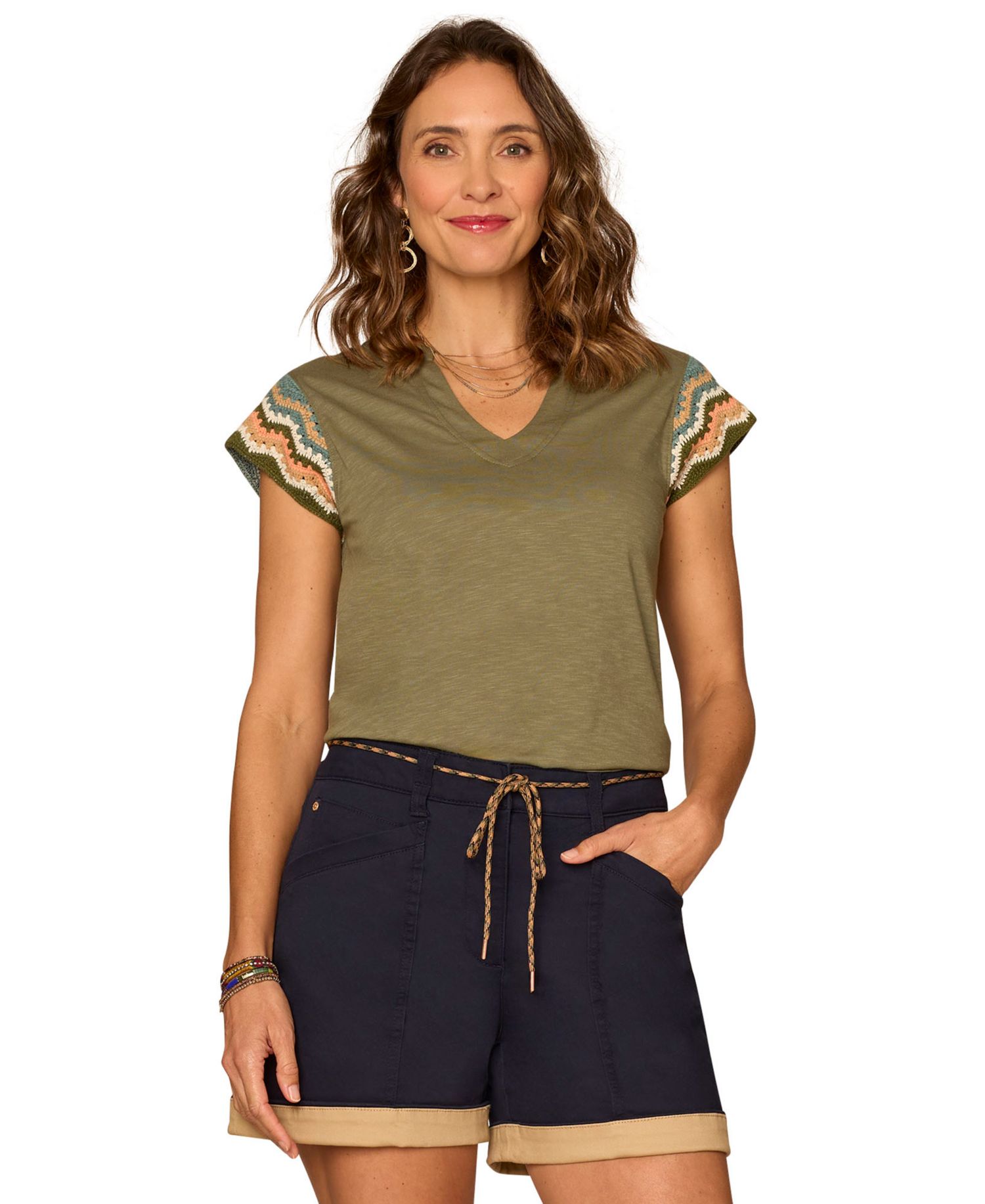 Women's Notched V-Neck Short-Sleeve Top