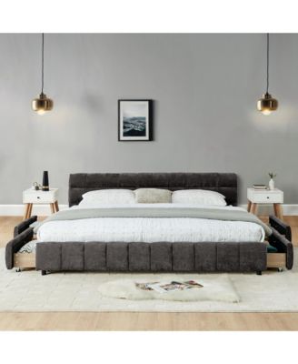 King Platform Bed with Storage Drawers, Upholstered Chenille Bed Frame