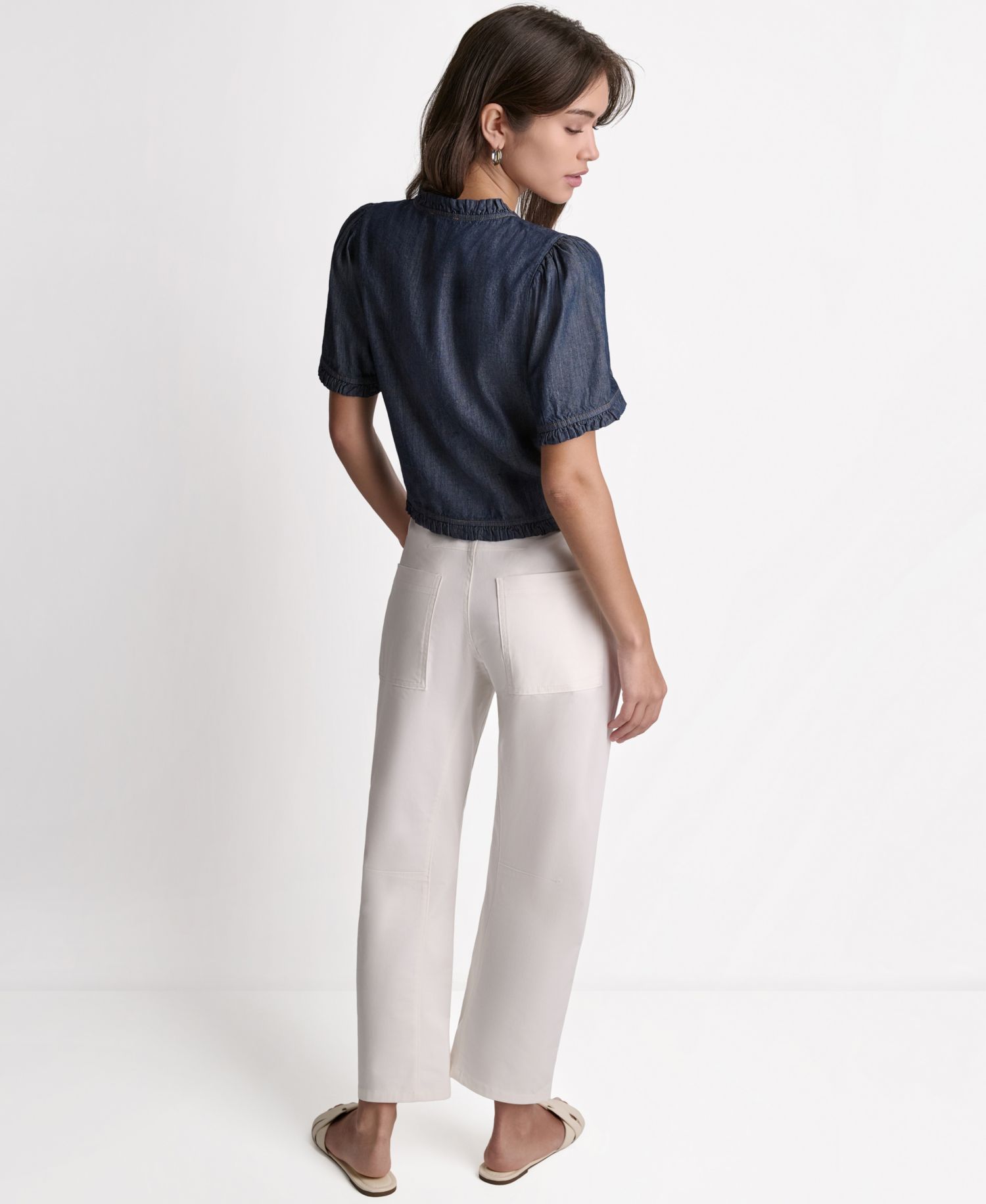 Women's Short-Sleeve Ruffle Detail Button-Front Top
