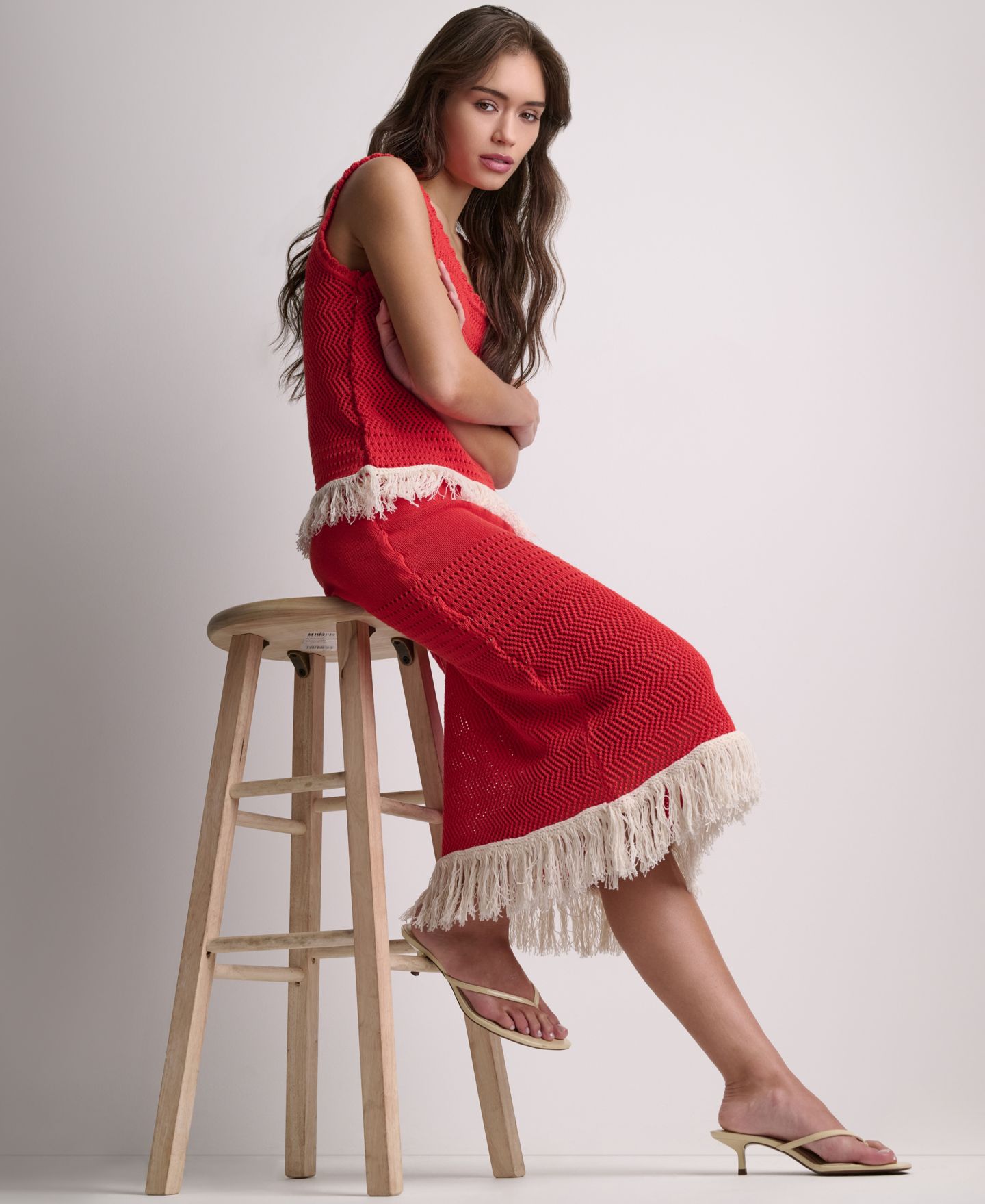 Женская юбка BCBG Fringe Pointelle A-Line Midi, цвет: Firelily/Buttercream — фото 3