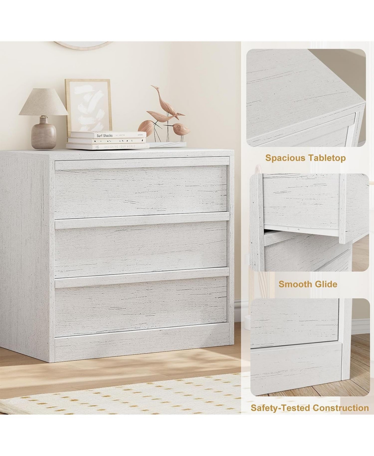 gaomon 3-Drawer Bedroom Dresser, Modern Small Nightstand Chest with Large Storage for Living Room and Nursery