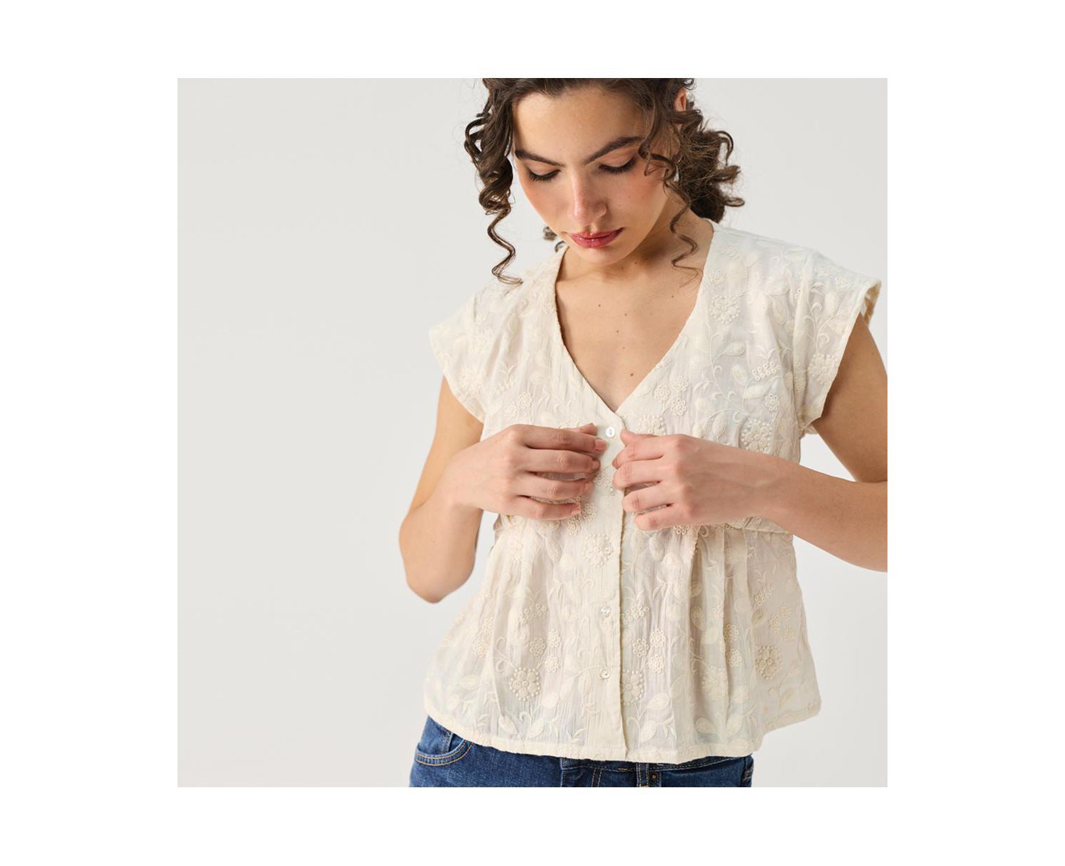 Women's Cream Embroidered Deep V-Neck Top
