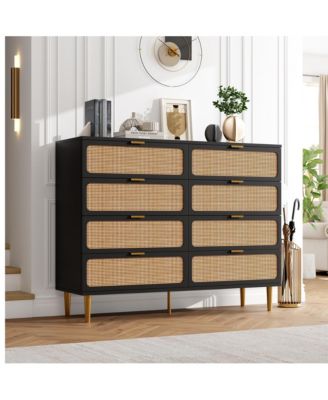 Rattan 8-Drawer Tall Dresser, Large Wooden Storage Chest with Deep Drawers and Wide Top for Multi-Room Use