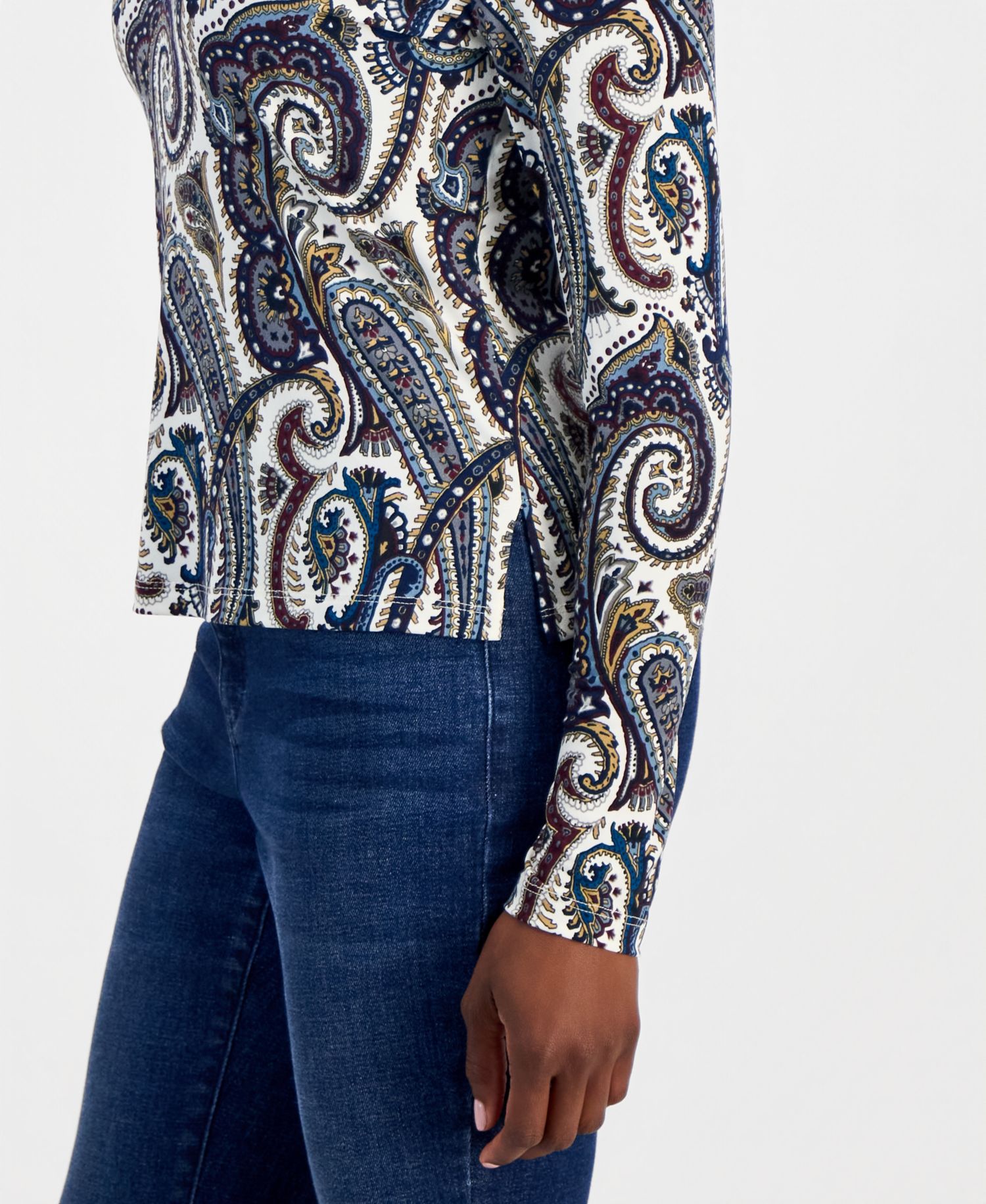 Petite Paisley Long-Sleeve Johnny Collar Top