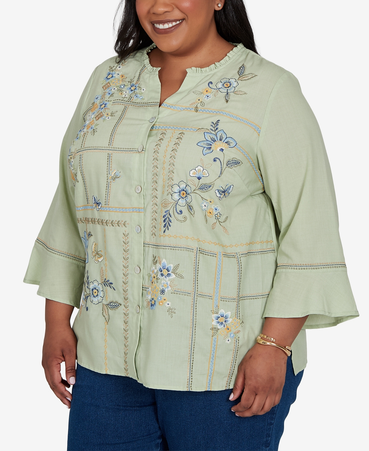 Alfred Dunner Plus Indigo Girls Floral Embroidered Squares Button Front Top