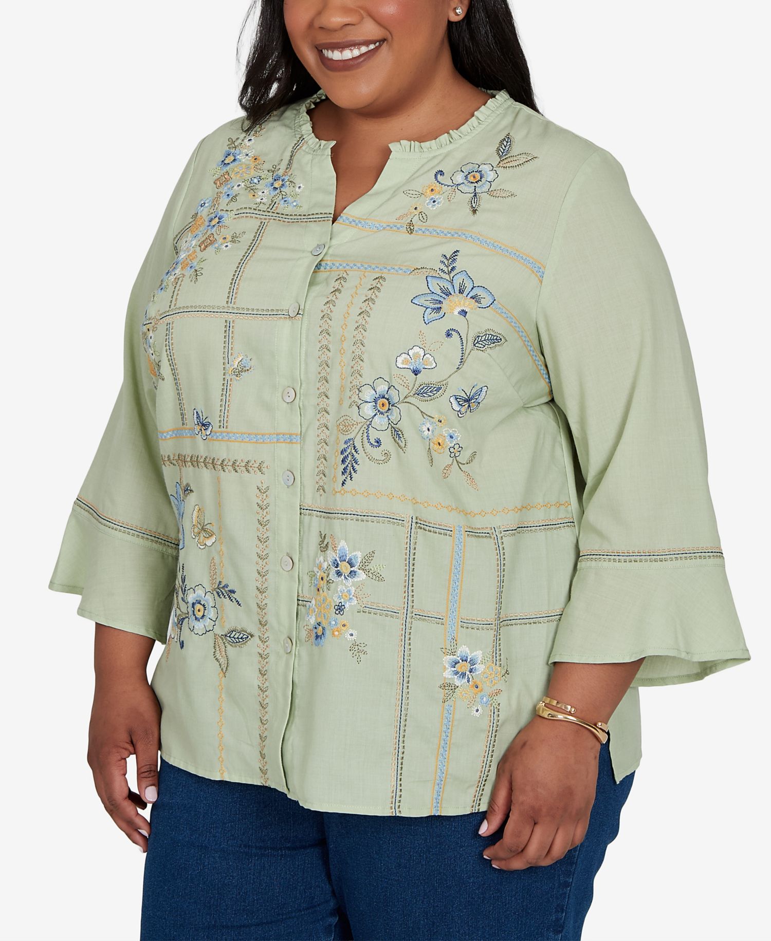Plus Size Floral Embroidered Squares Button-Front Top