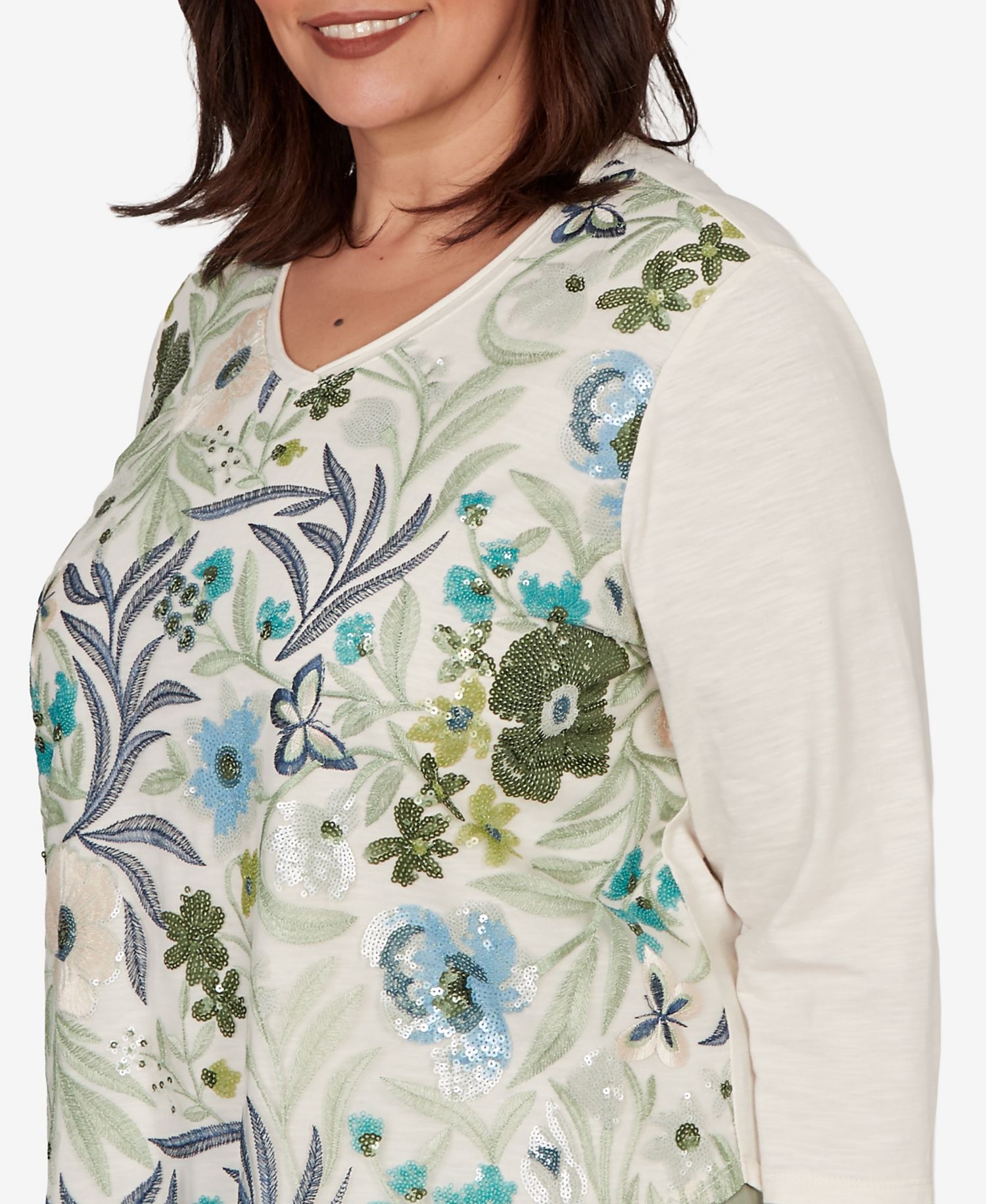 Plus Size Sequined Floral Mesh Overlay Knit Top