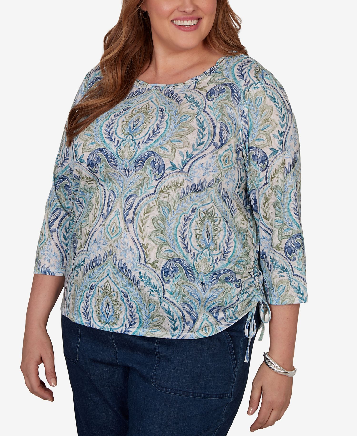 Plus Size Medallion Print Braided Neck Top