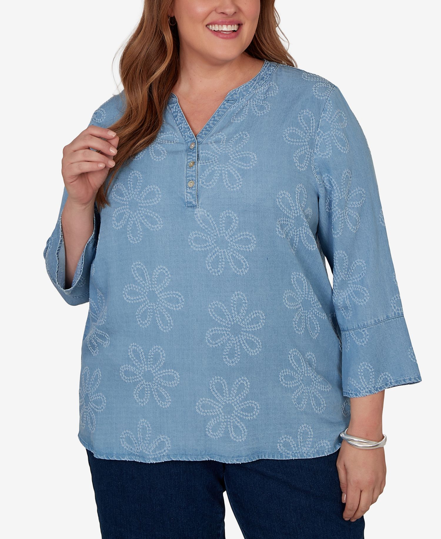 Plus Size Camden Market Tonal Embroidered Soft Henley Top