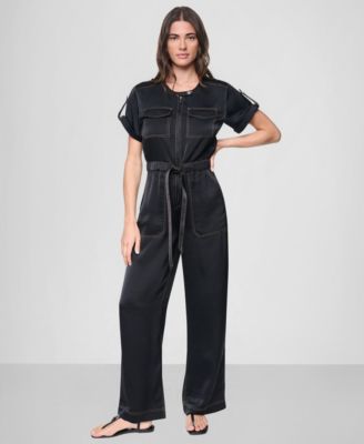 Women's Short-Sleeve Contrast Stitch Straight Jumpsuit
