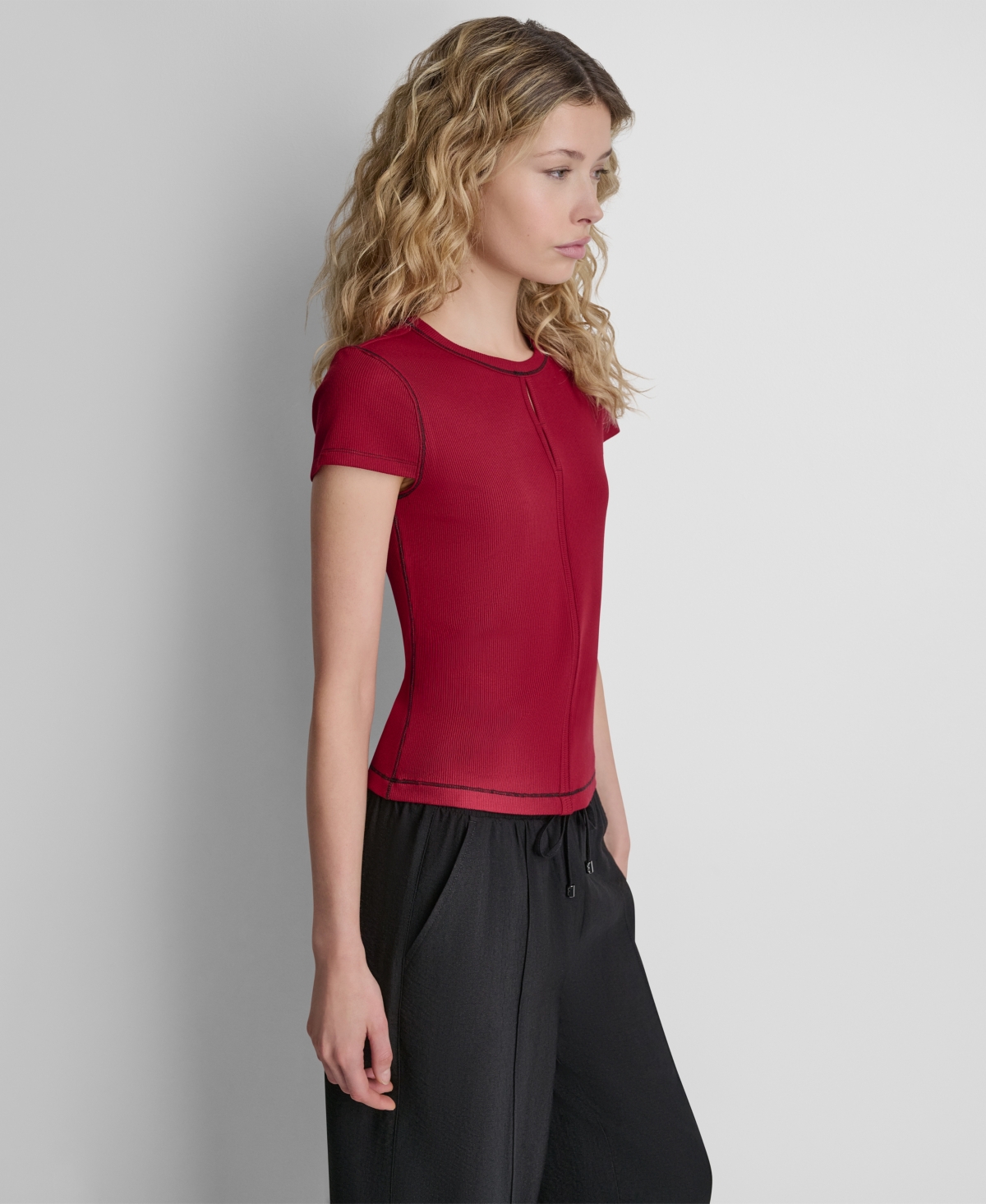 Dkny Women's Crewneck Contrast Stitch Top