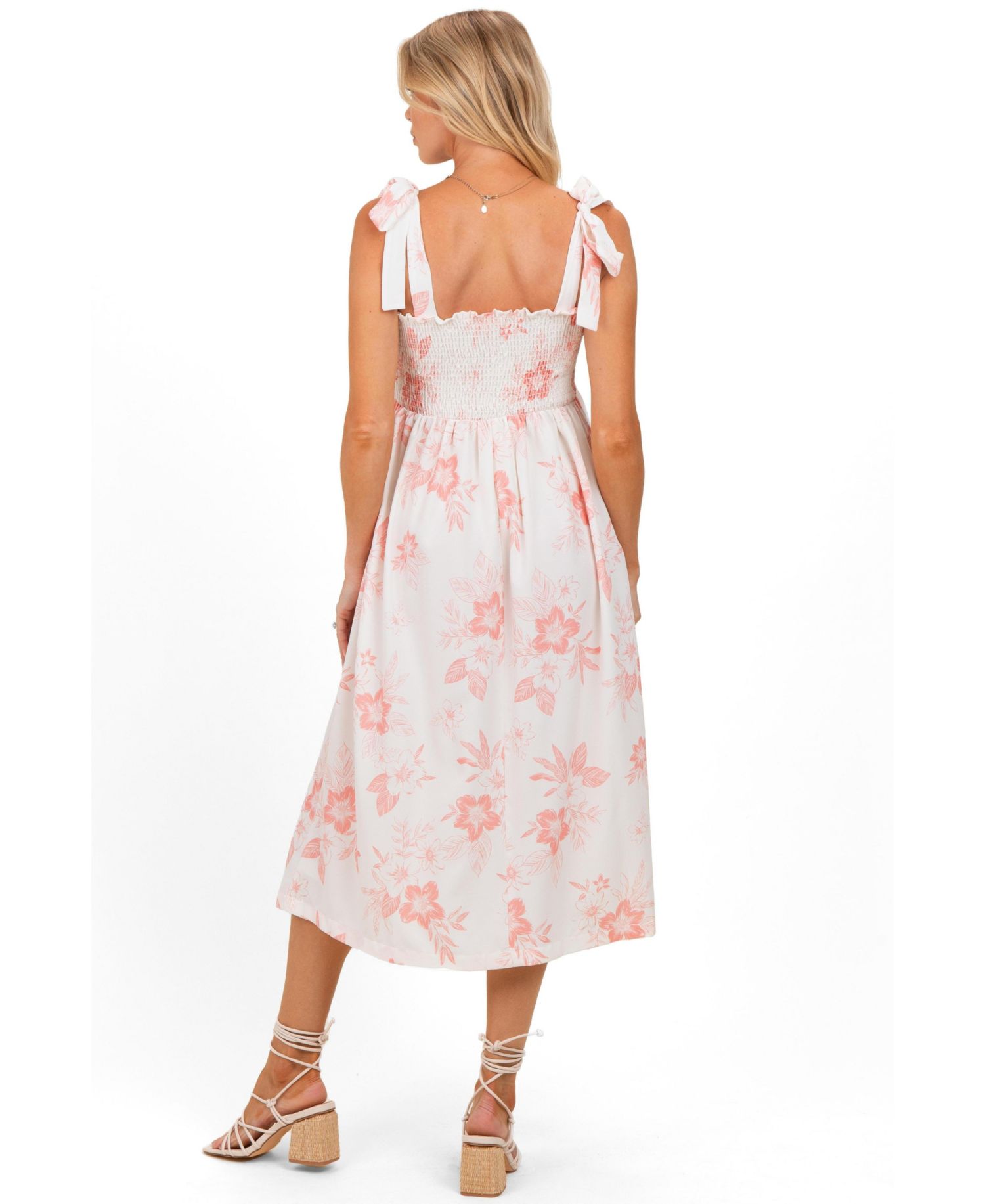 Women's Peach Floral Smocked Midi Dress